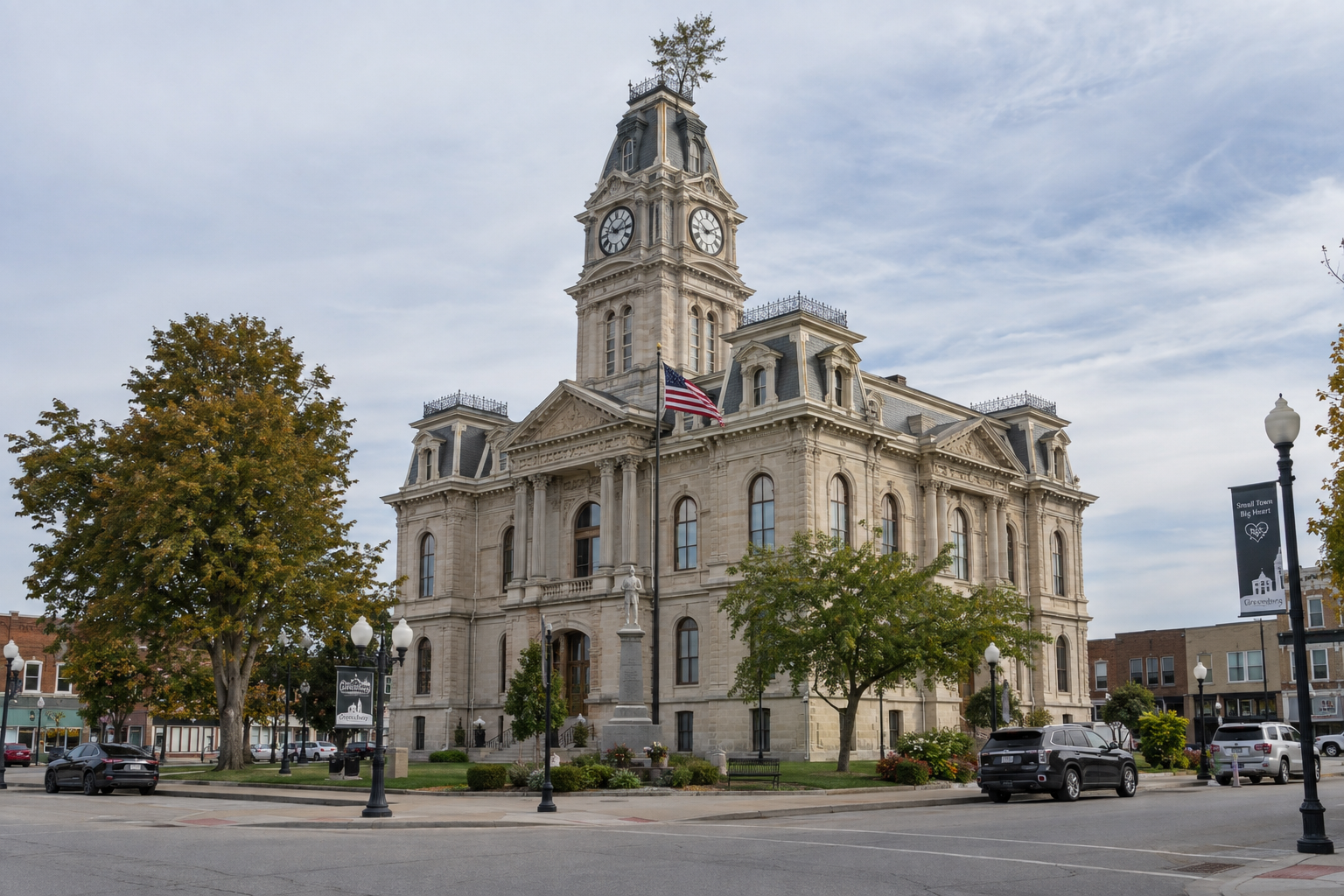 Decatur County courthouse setting in Greensburg, relevant to potential civil proceedings arising from the reported shooting.