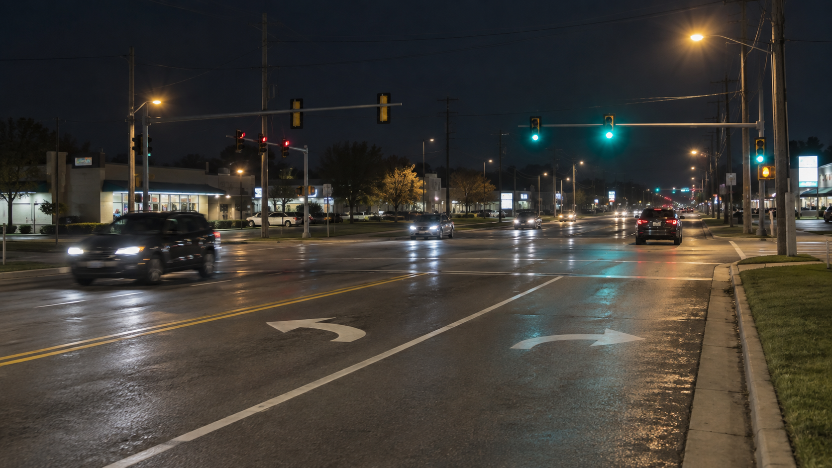 Nighttime Indiana intersection illustrating the setting of the Anderson motorcycle crash investigation.
