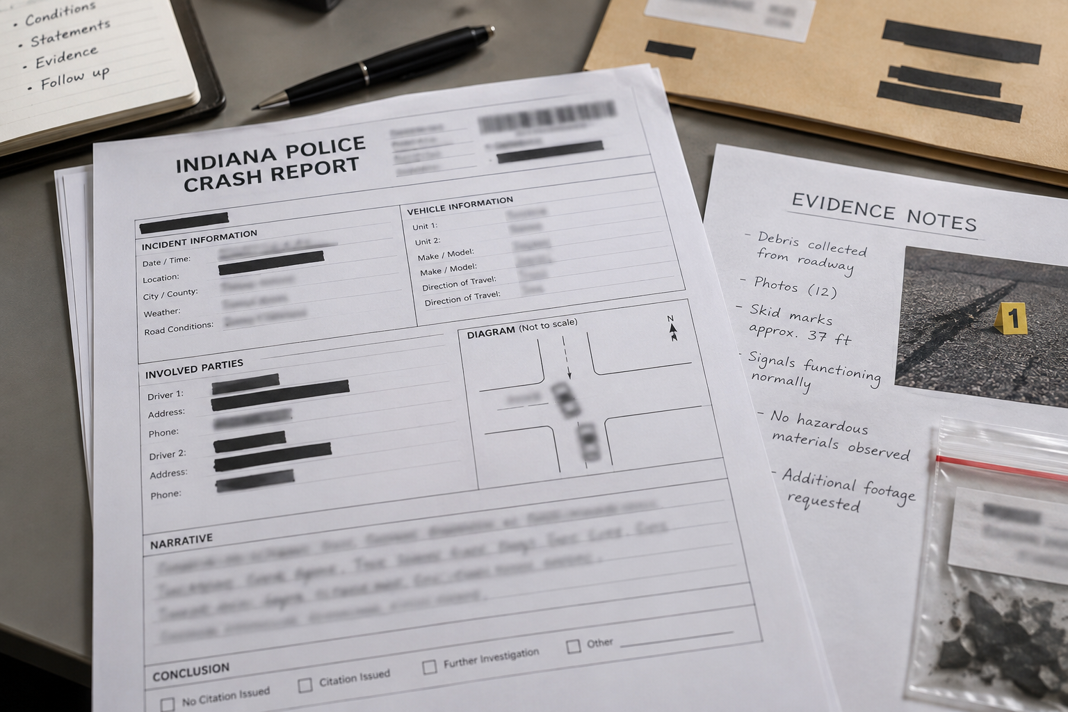 An anonymized Indiana crash report representing evidence reviewed after a serious motorcycle collision.