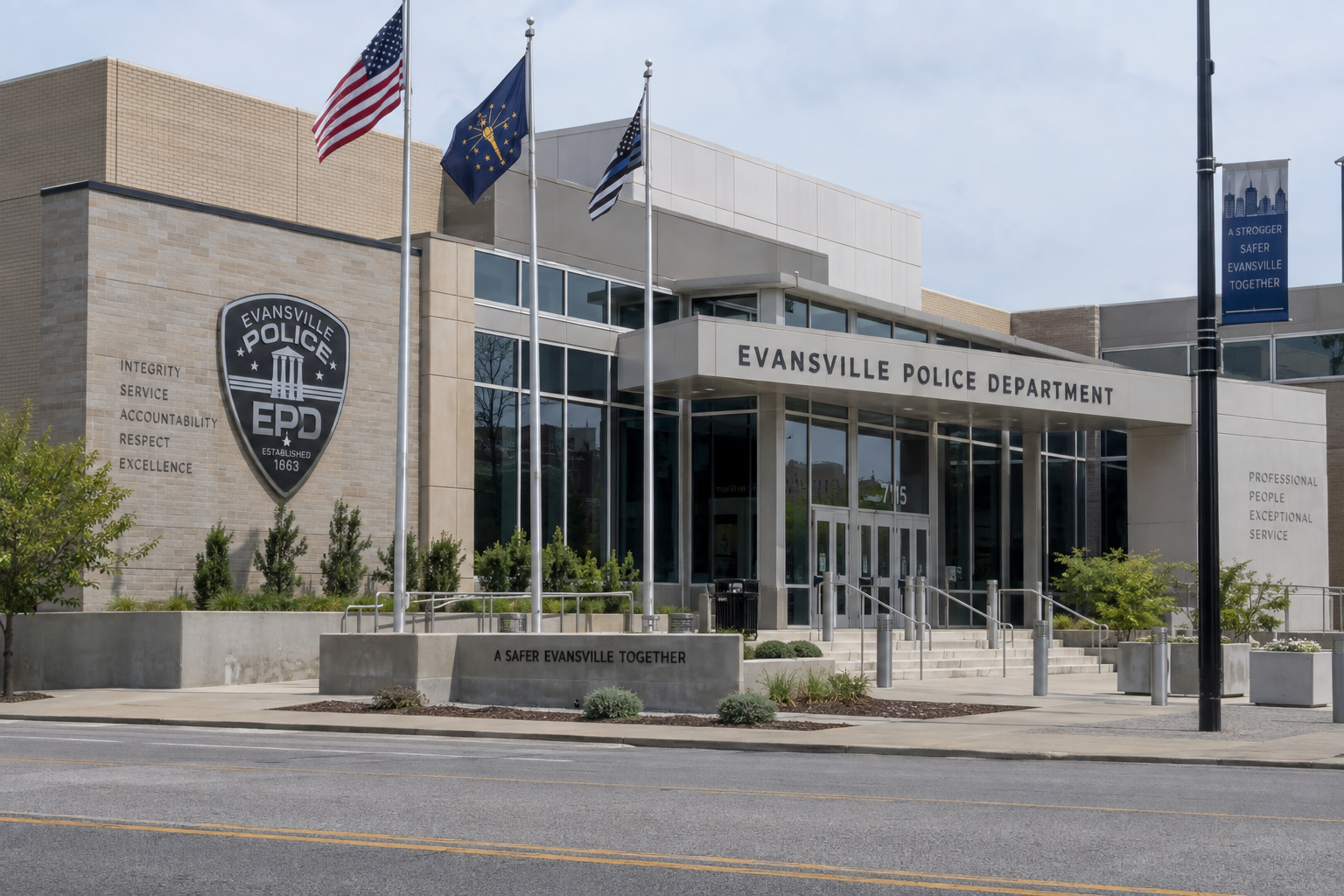 Evansville Police Department exterior, representing the agency investigating the North Second Avenue drowning.