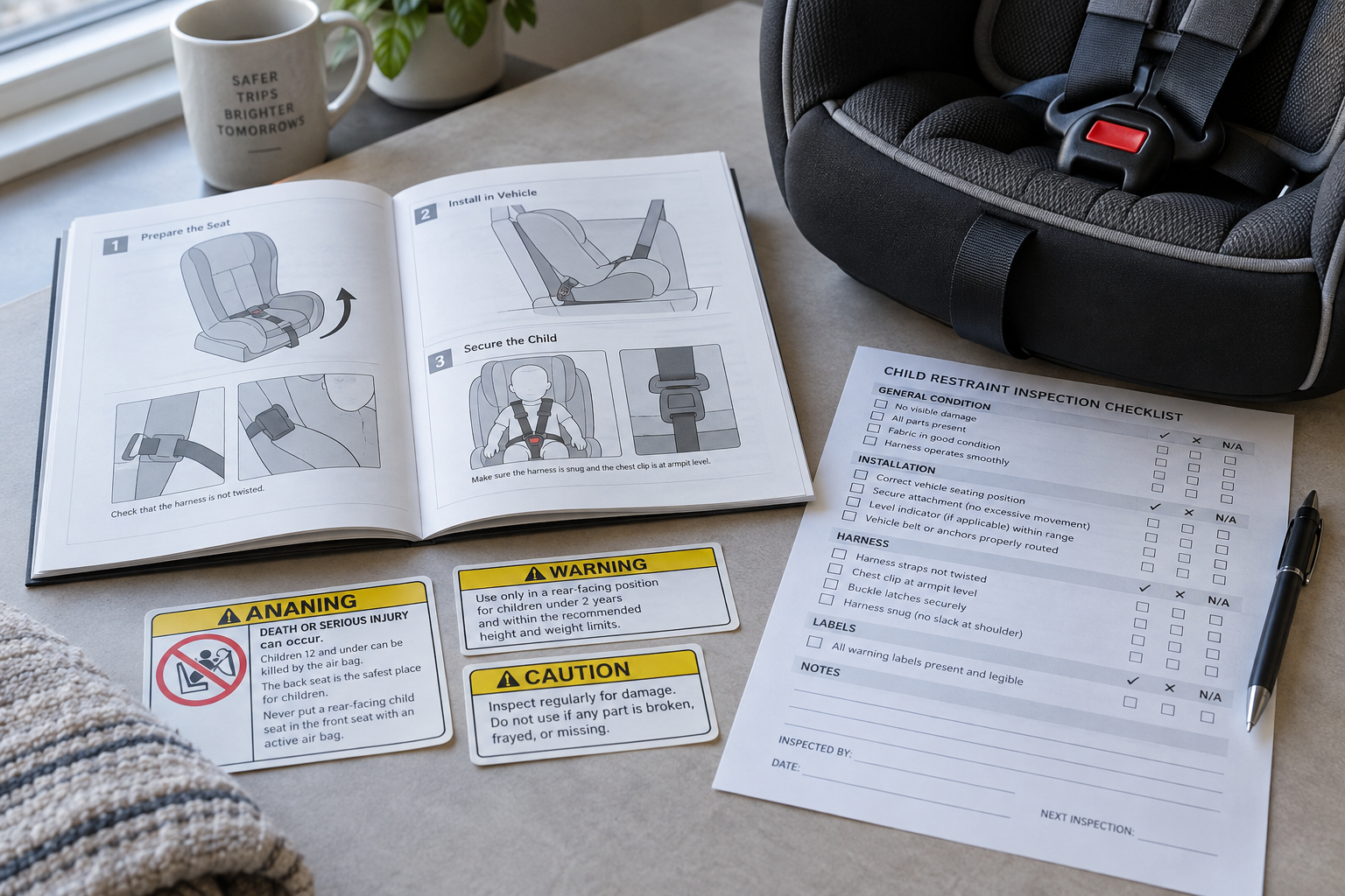 Generic child restraint instructions and inspection materials illustrating evidence preservation and car seat installation questions.