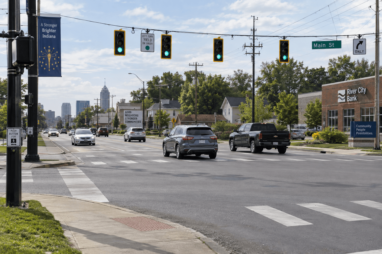 Daylight view of a signalized Warsaw intersection relevant to the two-vehicle crash investigation.