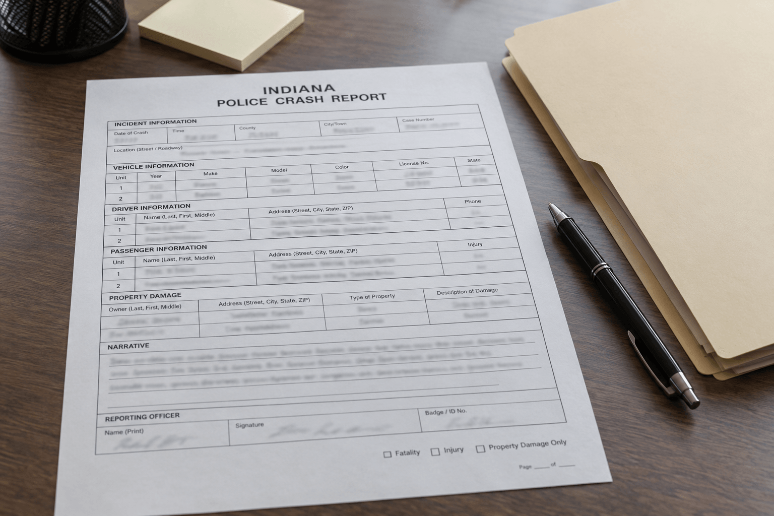 Generic Indiana crash-report paperwork representing records that may matter after a Warsaw intersection collision.