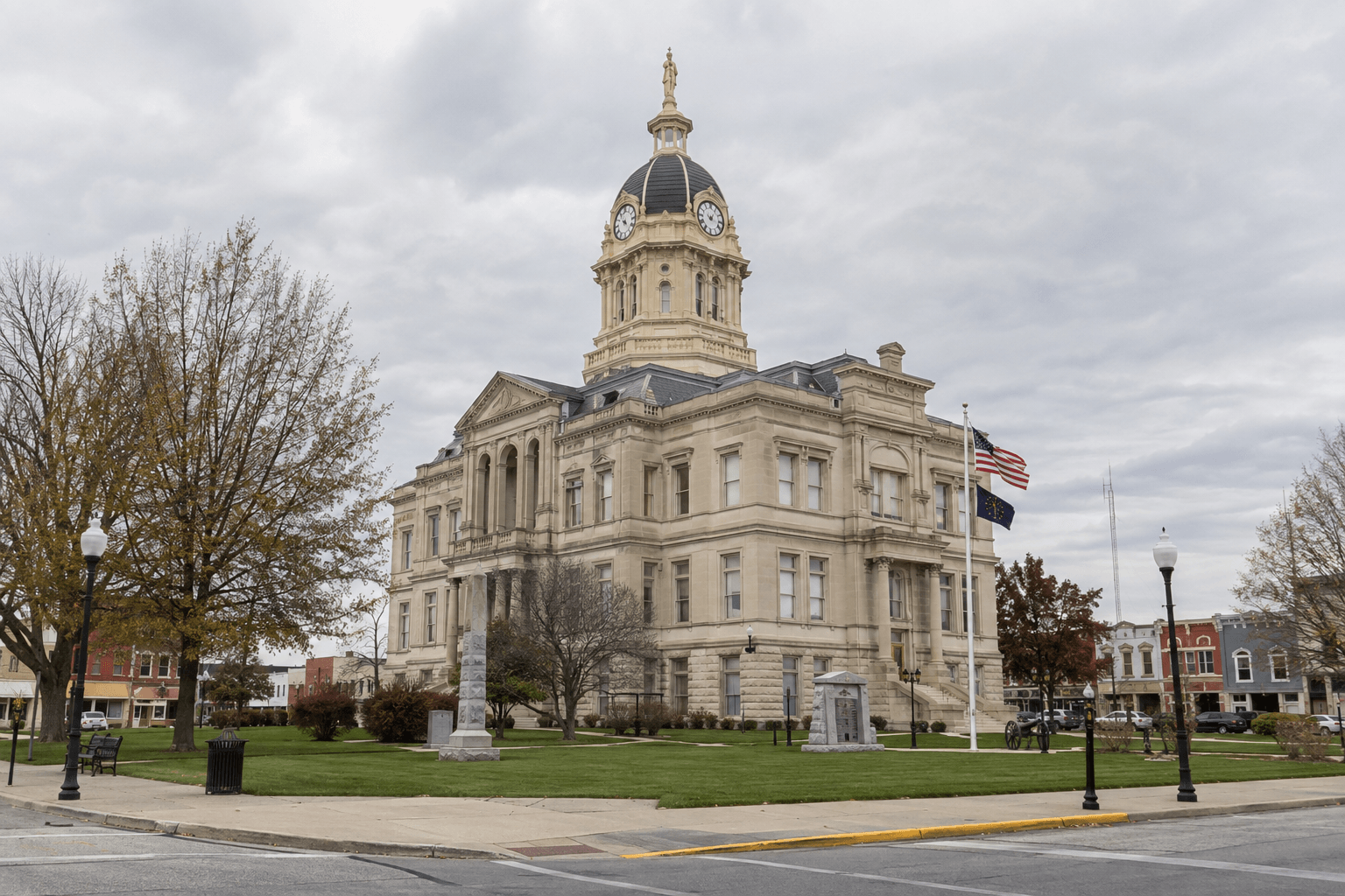 An Indiana county courthouse exterior representing the legal process after a fatal crash in Clinton County.