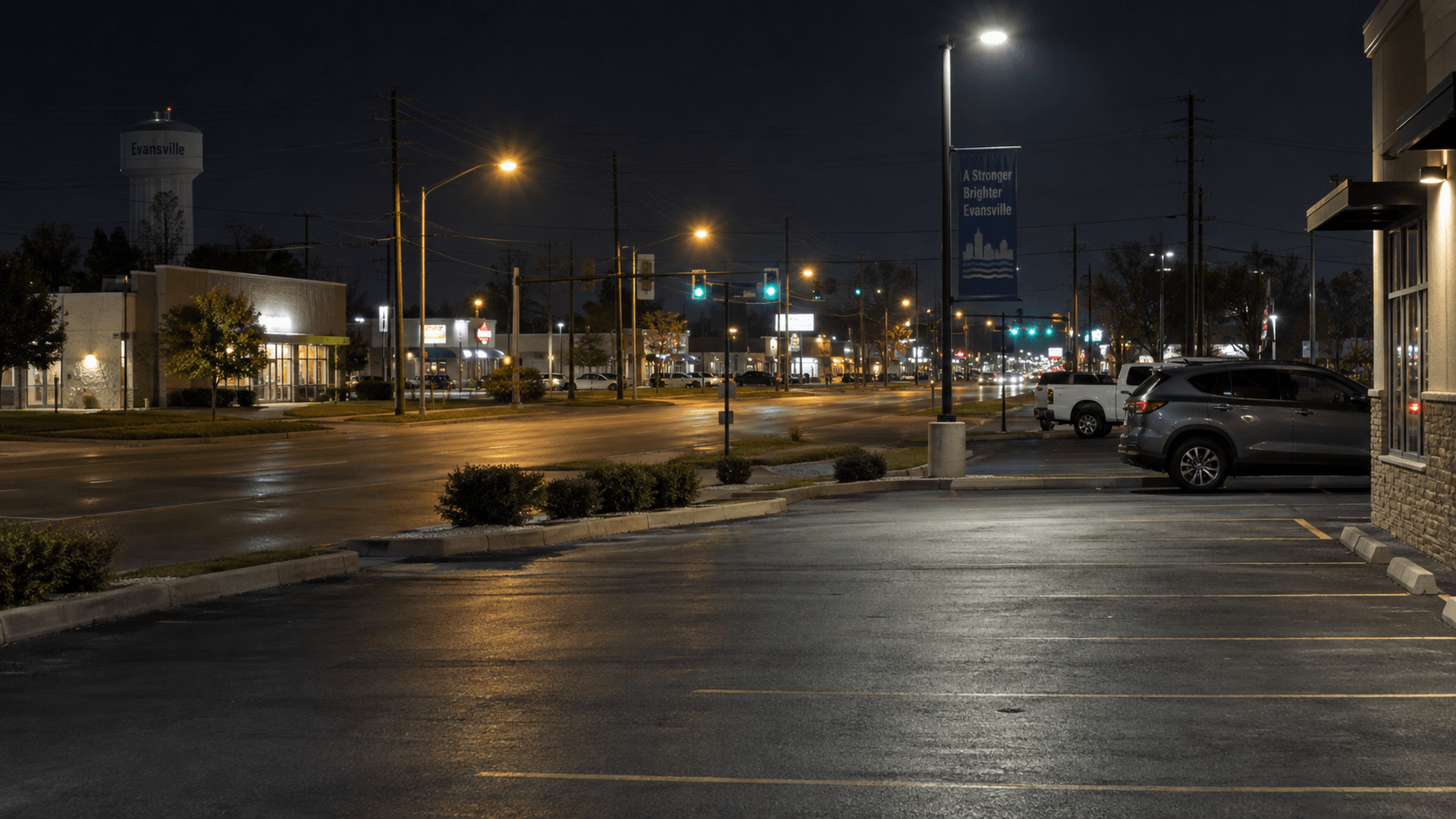 Commercial roadway and parking area in Evansville near the location of the Menards Drive bicycle crash.