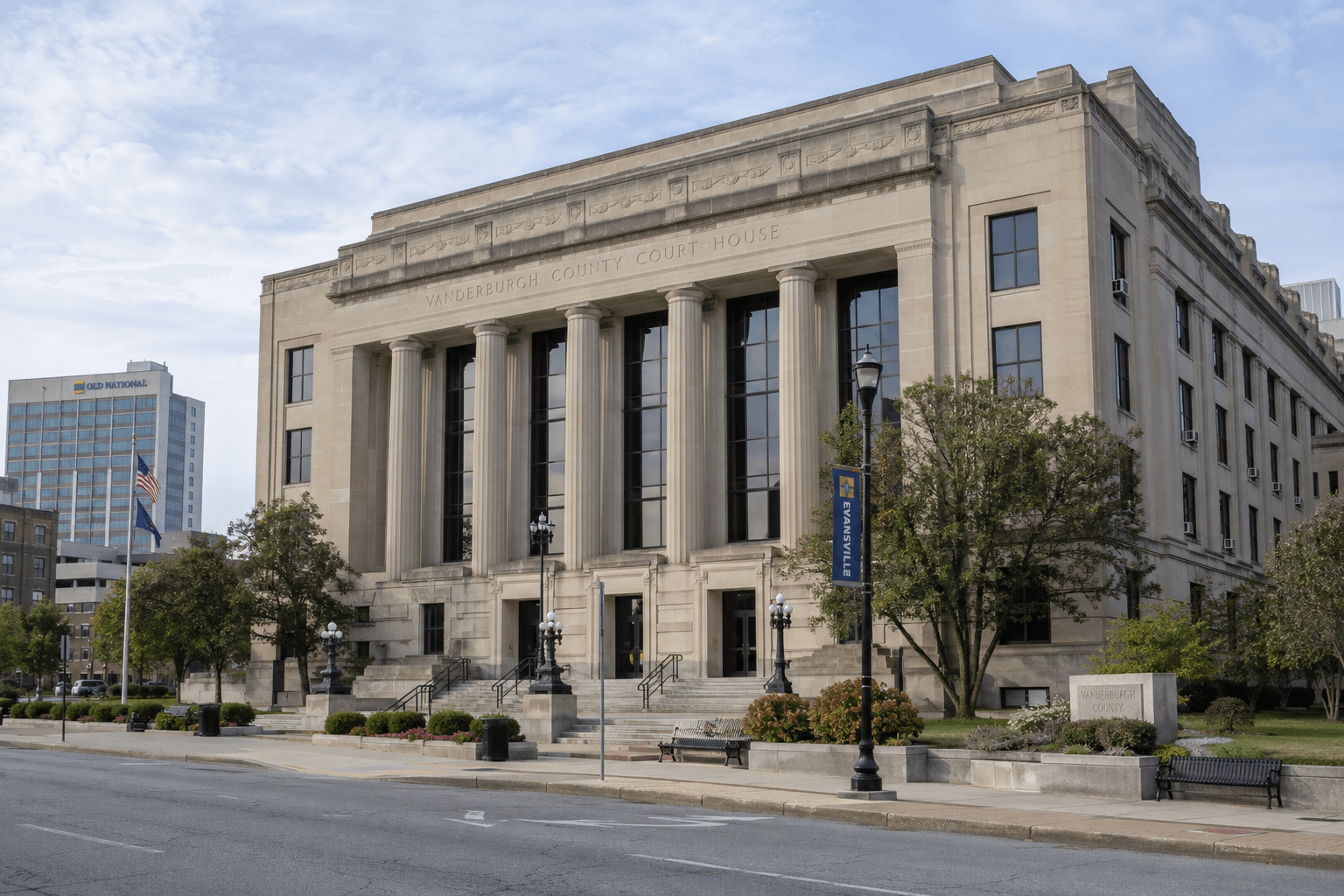 Vanderburgh County courthouse in Evansville, where local court proceedings related to an injury claim may be filed.