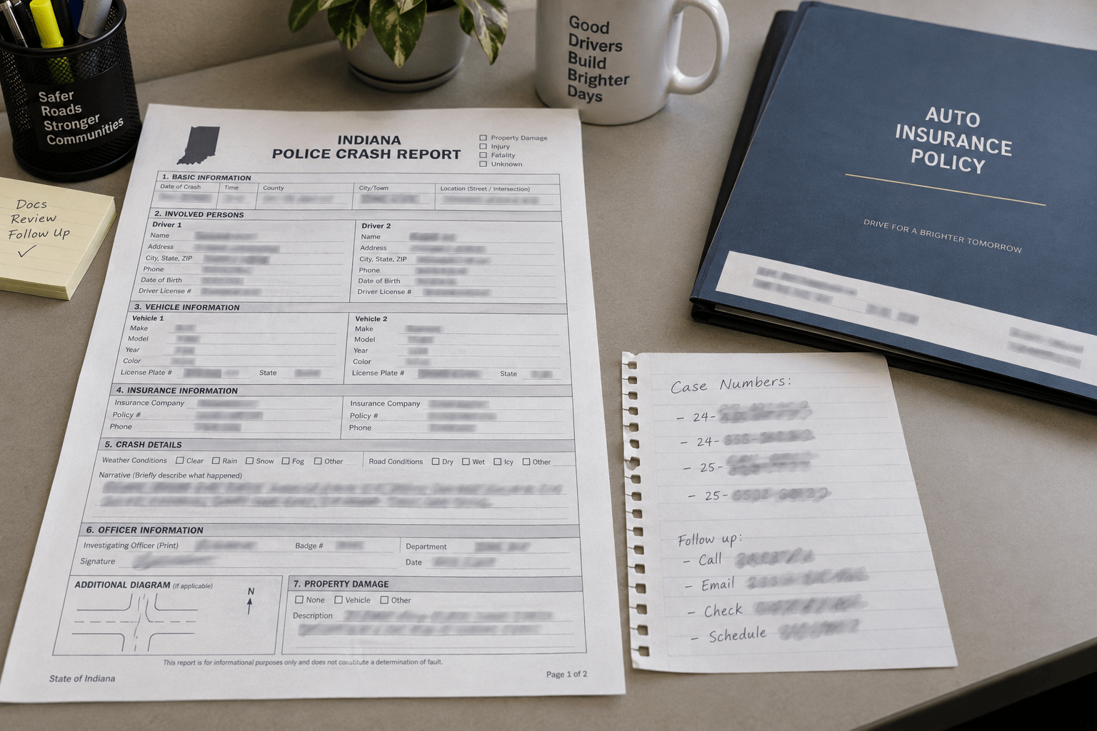 Crash-report and insurance documents relevant to an Indiana pedestrian hit-and-run claim.