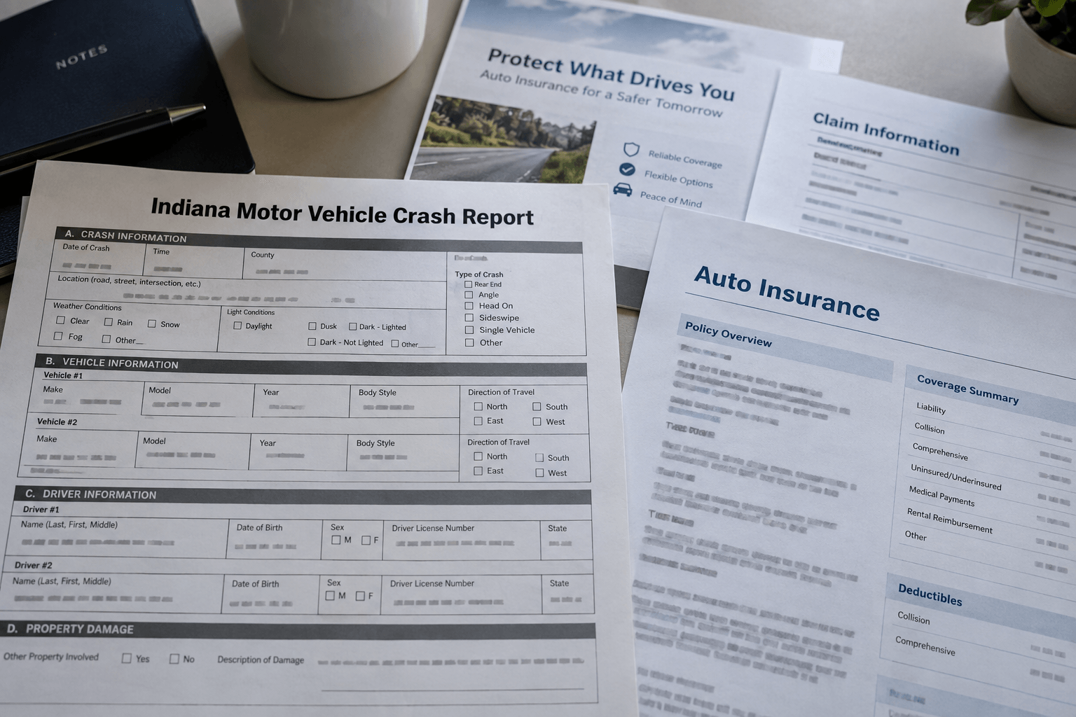 Crash report and insurance documents representing the records that may matter after a White County vehicle collision.