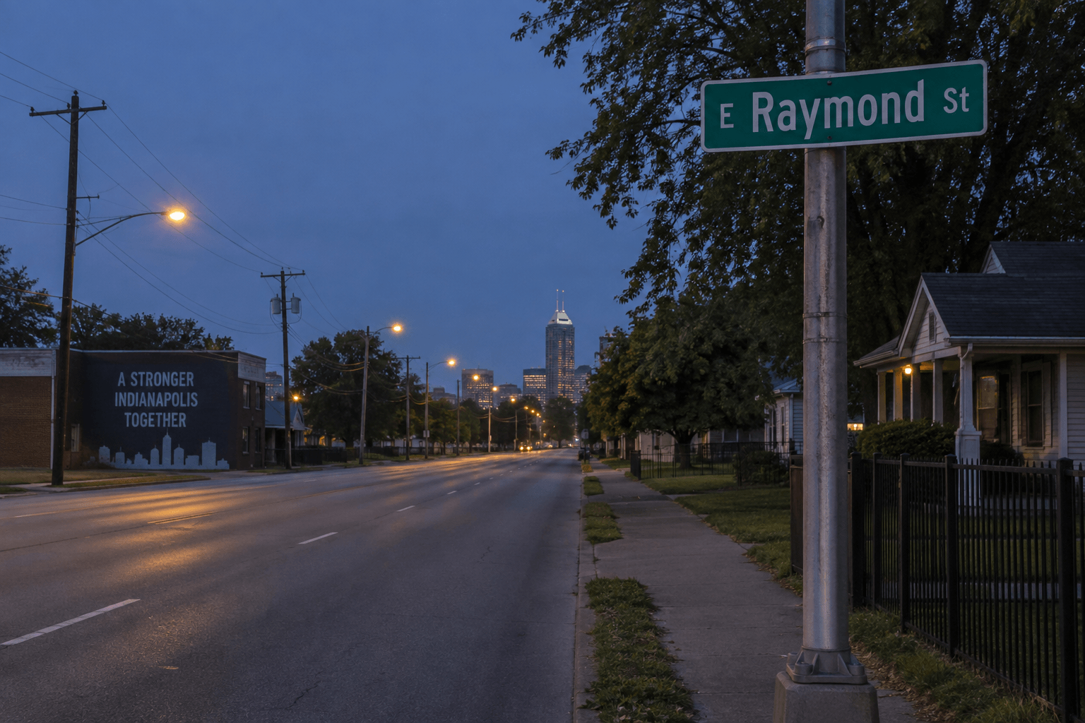 East Raymond Street roadway signage in Indianapolis near the area of the reported motorcycle crash.