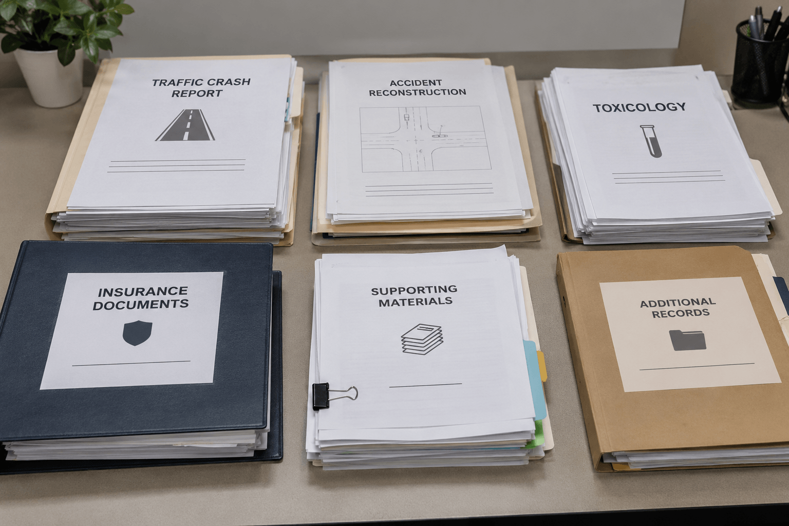 Organized crash investigation and insurance records illustrating evidence reviewed after a fatal Indiana pedestrian collision.