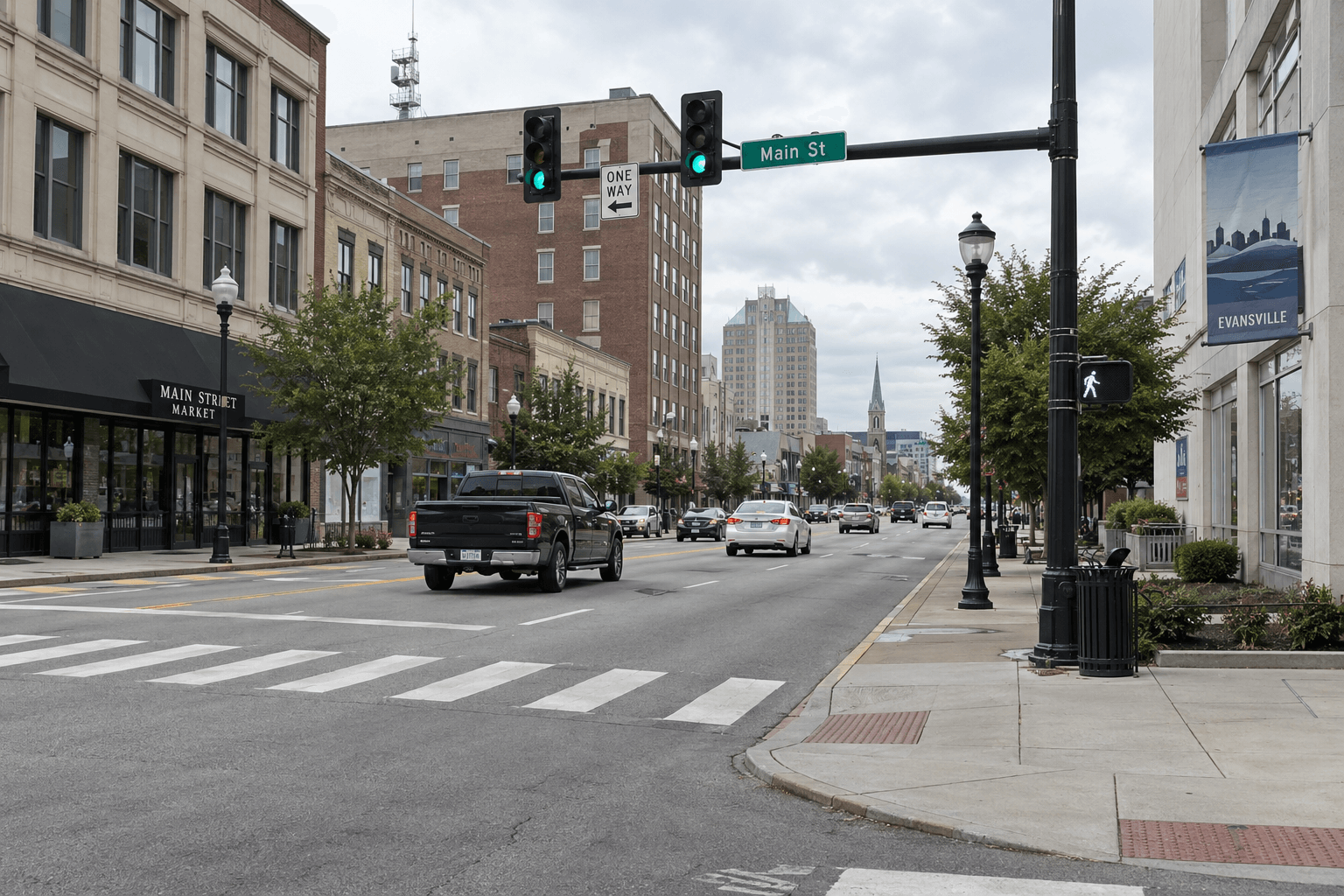 An Evansville urban roadway and pedestrian crossing illustrating the location issues that may matter in a Vanderburgh County pedestrian claim.