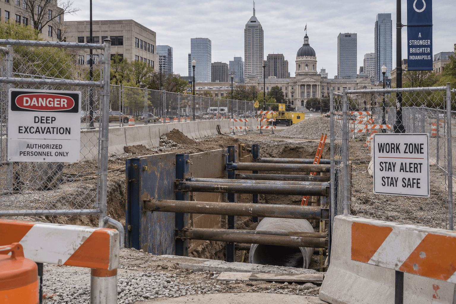 Secured construction trench and shoring equipment illustrating the Indianapolis workplace rescue reported on West Washington Street.