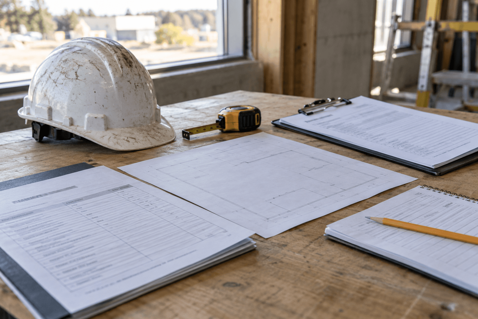 Construction records and safety equipment representing evidence that may matter after an Indiana trench-collapse injury.