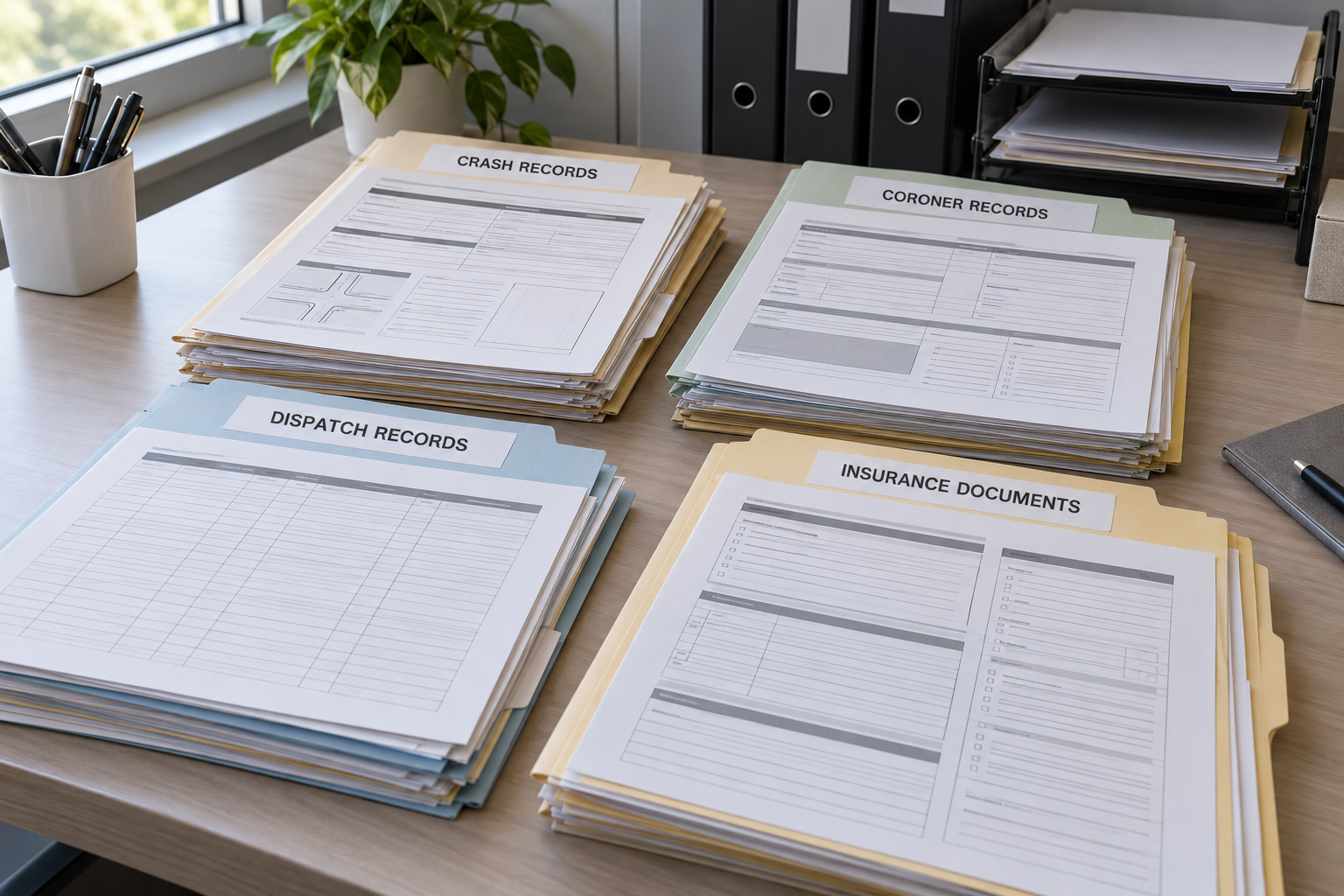 Public-records and insurance files illustrating the separate records involved in a Marion County fatal crash investigation.
