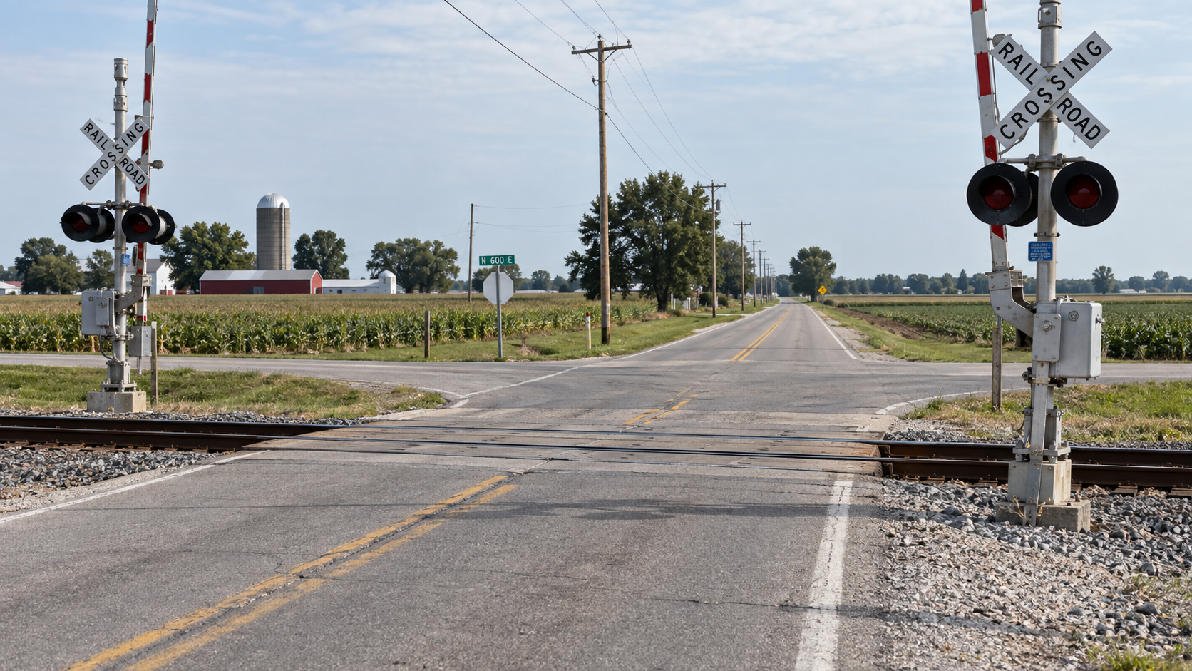 Railroad crossing pavement and warning equipment representative of the Woodsmall Drive crash location in Vigo County.