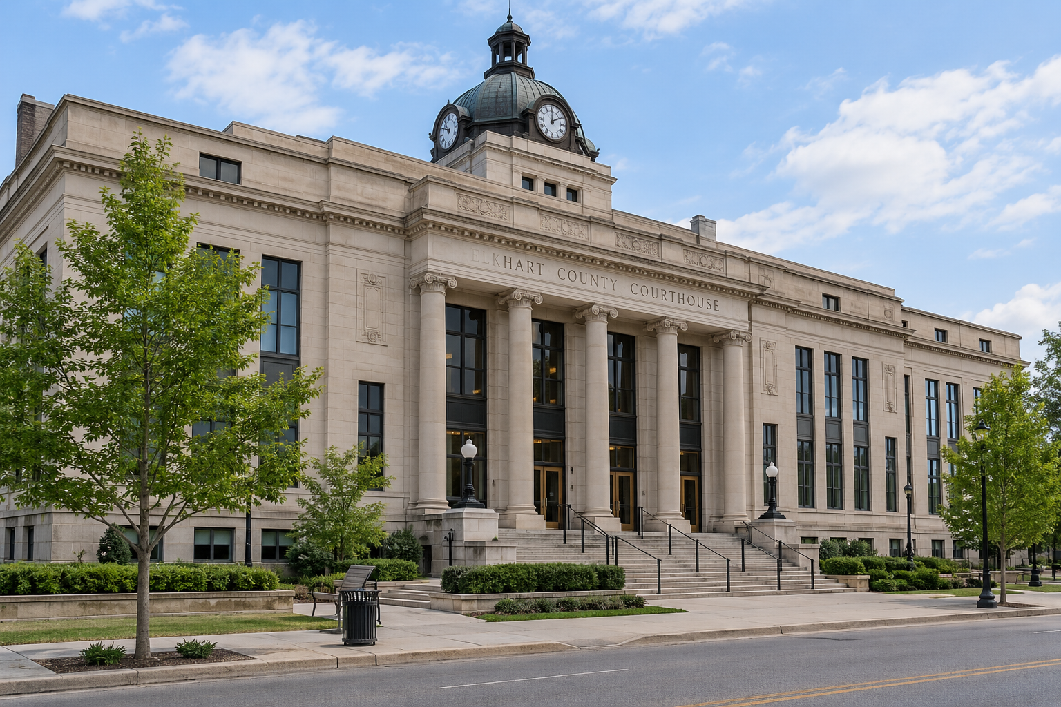 Elkhart County courthouse exterior, representing the local legal setting for an injury claim arising from a county-road crash.