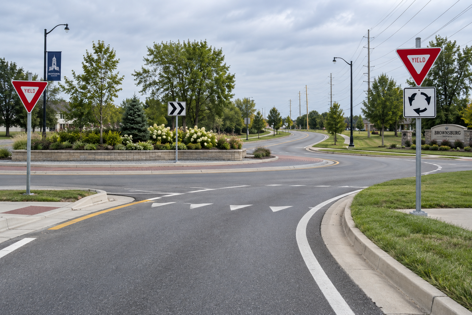 A landscaped roundabout approach illustrates the road geometry involved in the reported Warsaw crash.