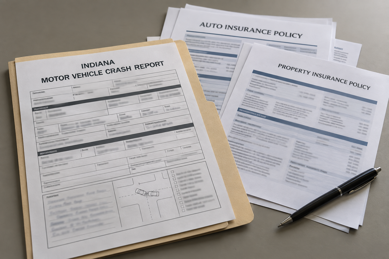 Crash-report and insurance documents represent evidence and filing deadlines after an Indiana traffic collision.