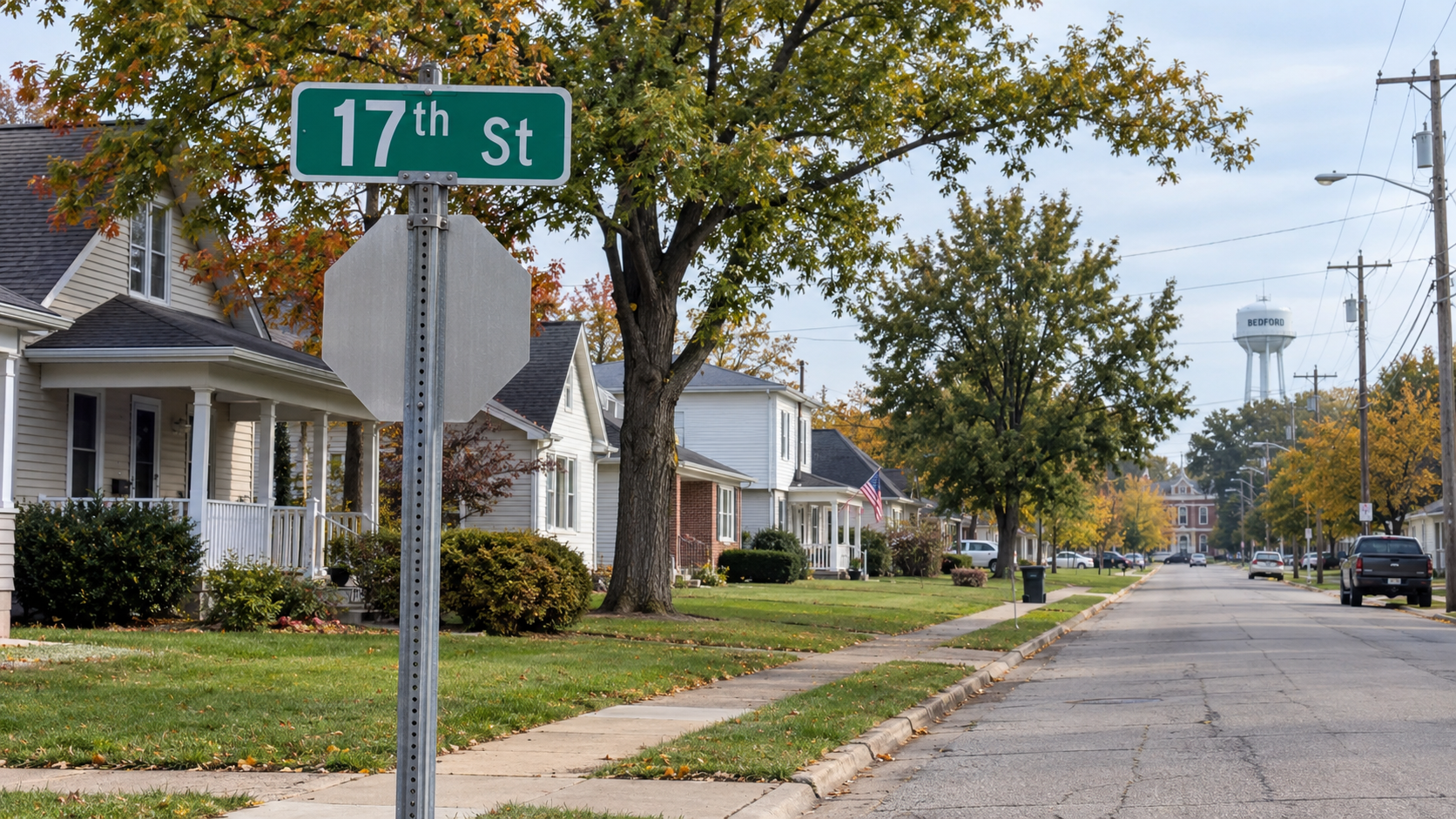 Street-level context along 17th Street in Bedford, Indiana, where the reported stabbing occurred.