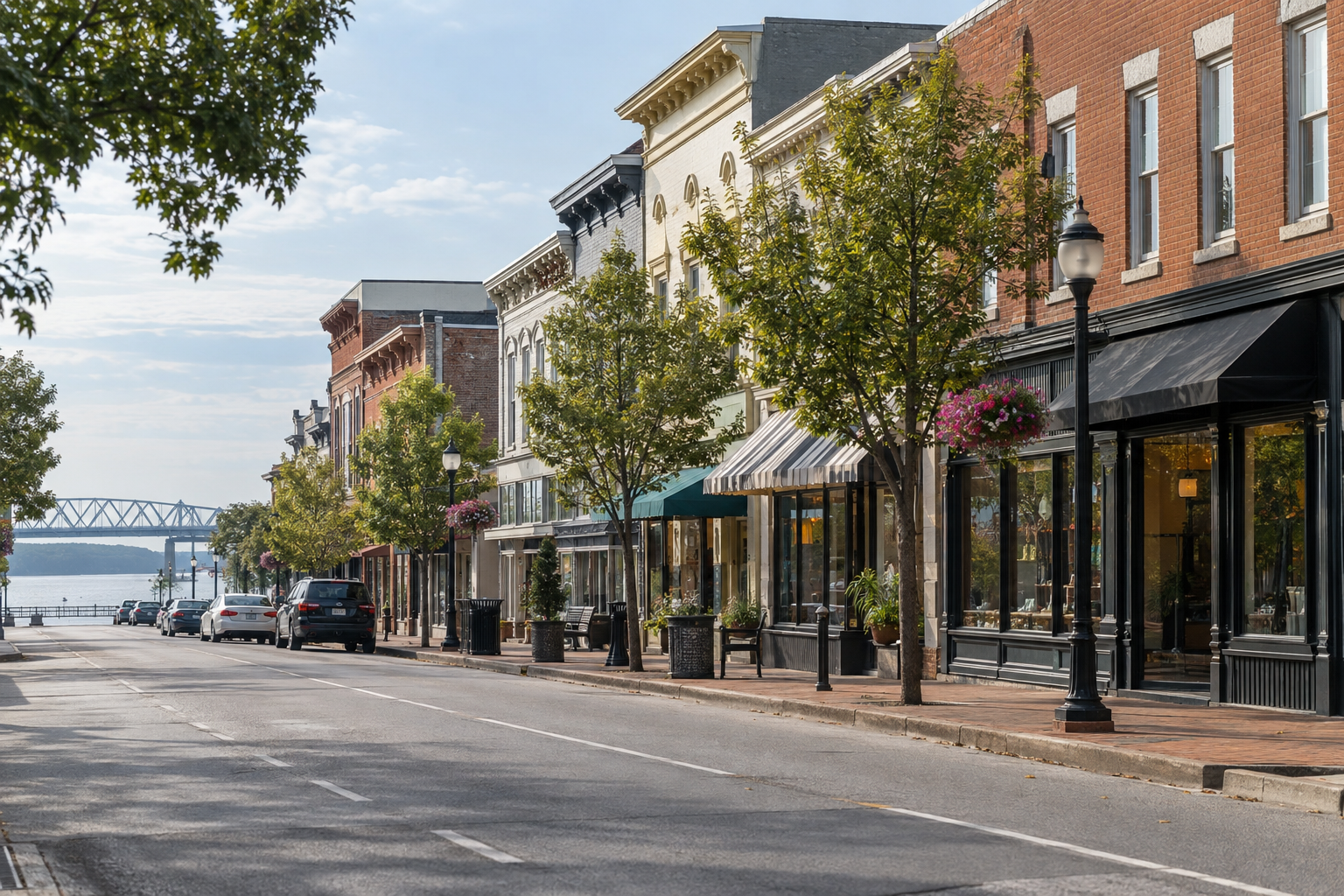 A downtown New Albany streetscape near Bank Street, where the reported 2025 shooting occurred.