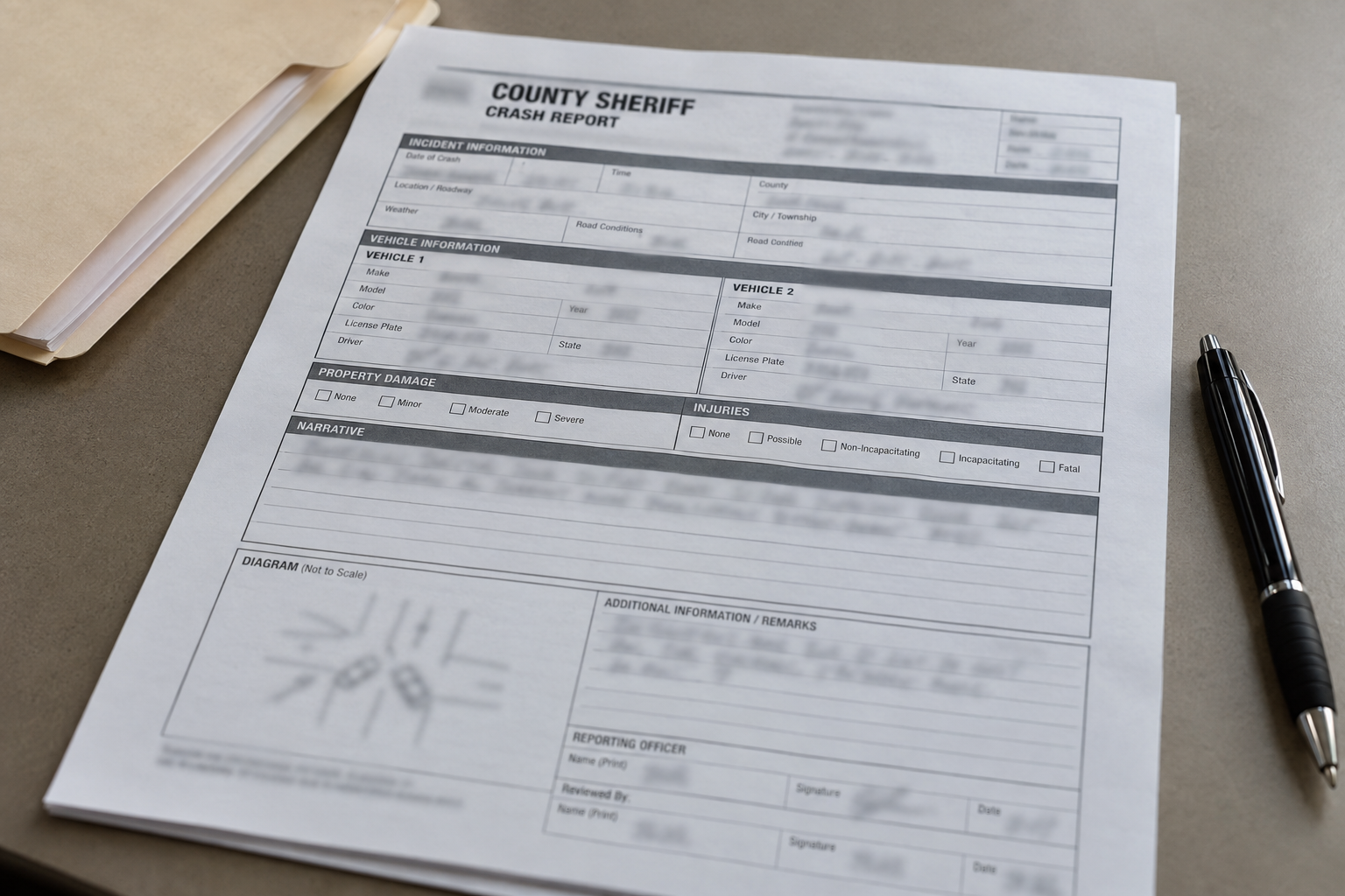 Crash-report paperwork representing the Elkhart County Sheriff's Office investigation of the County Road 20 collision.