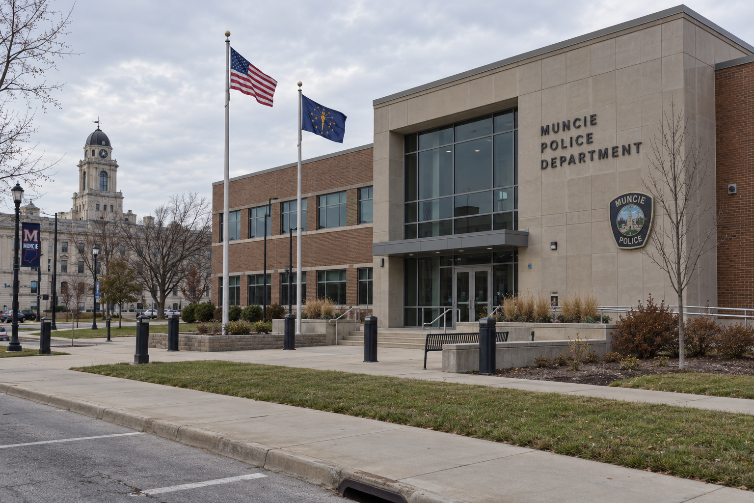 Police building exterior in Muncie, where officers are investigating the reported East 8th Street attack.