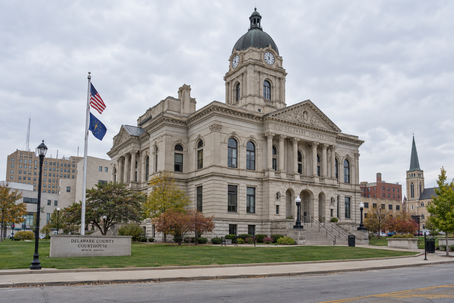 Delaware County courthouse in Muncie, relevant to possible criminal and civil proceedings arising from the reported attack.