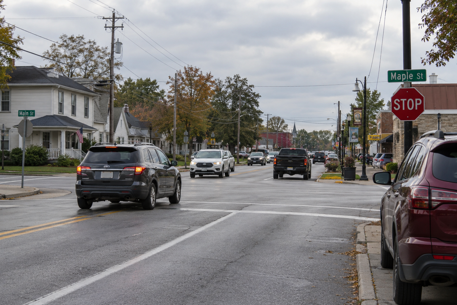 Street-level view of an Indiana intersection illustrating the sight-line decisions drivers face before entering cross traffic.