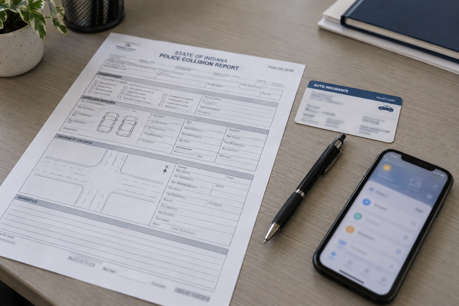 Crash-report and insurance documents illustrating records that may matter after a Warsaw, Indiana traffic collision.