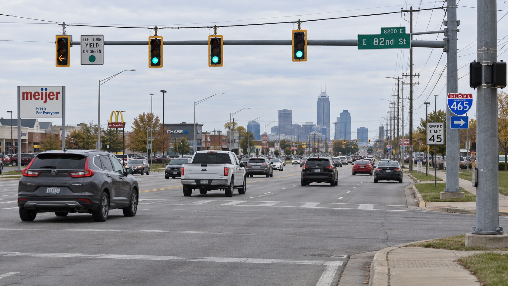An Indianapolis arterial intersection illustrating the roadway and insurance issues that can follow a police pursuit crash in Marion County.