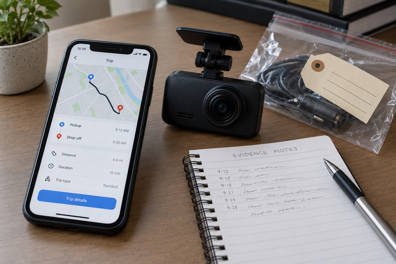 Rideshare trip records, dash camera, and notes illustrating evidence that an injured Evansville driver may need to preserve.