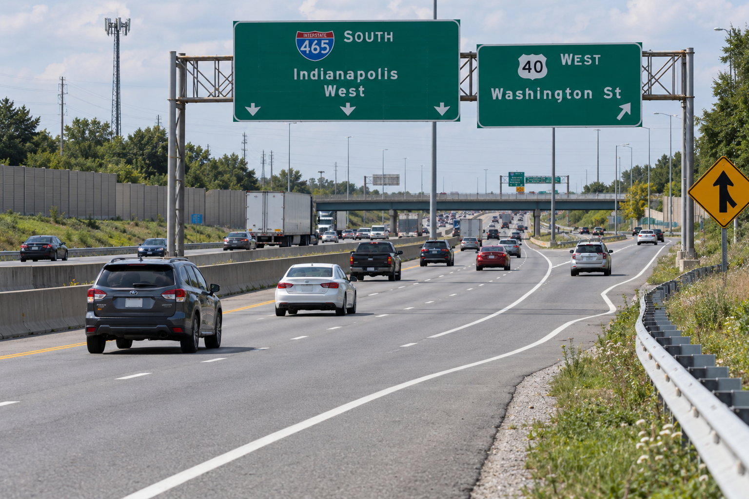 Ramp and lane markings near Interstate 465 and US 40 in Indianapolis, where state police described the school bus crash sequence.