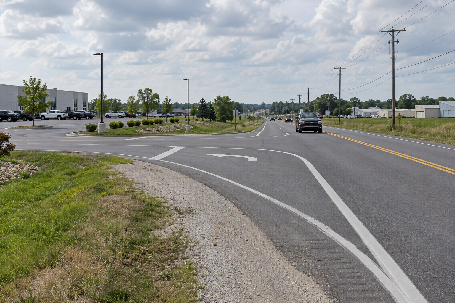 A two-lane highway entrance illustrates the type of left-turn movement involved in the reported SR 114 crash near Rensselaer.