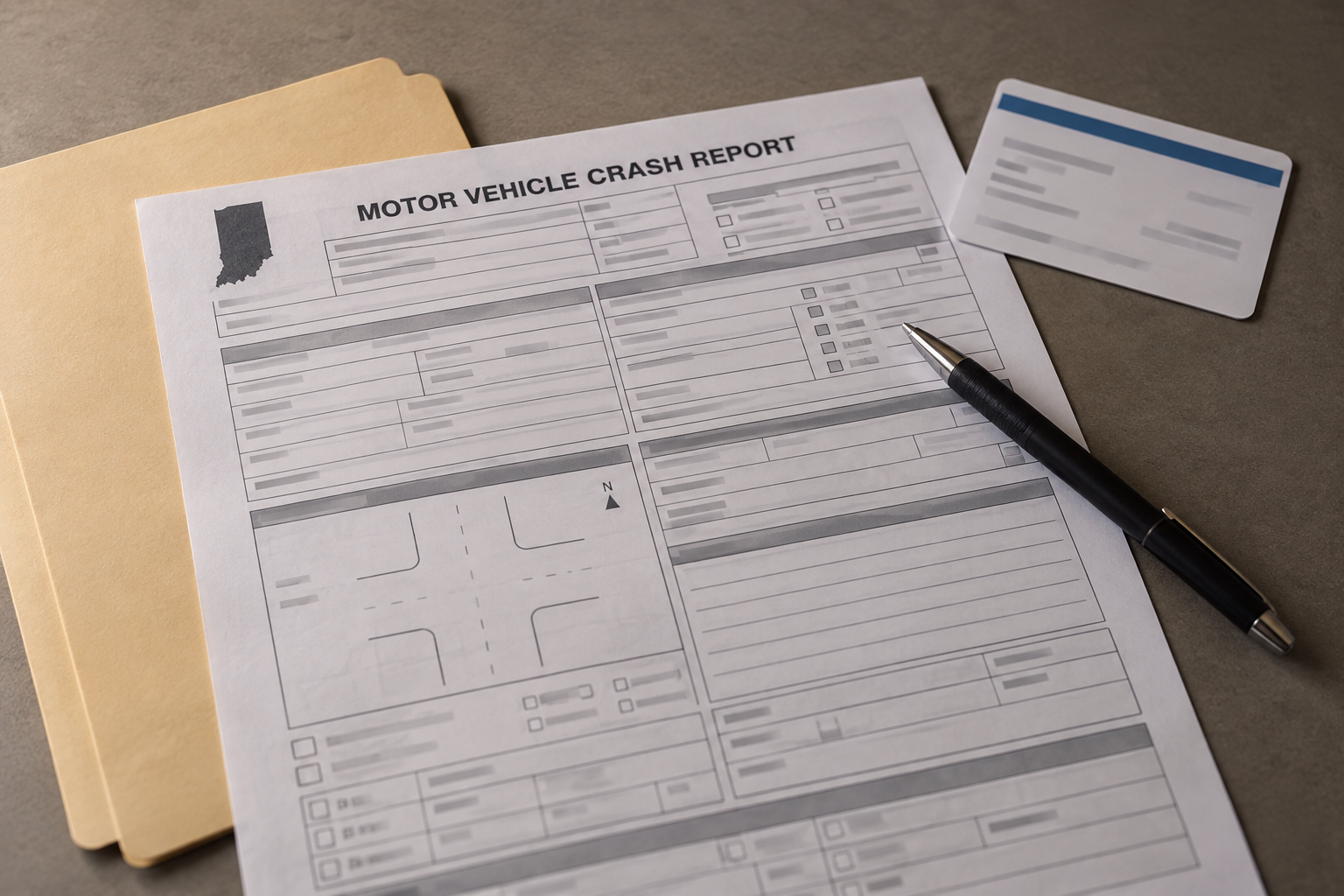 Crash report and insurance documents representing records that may matter after a Warsaw, Indiana collision.