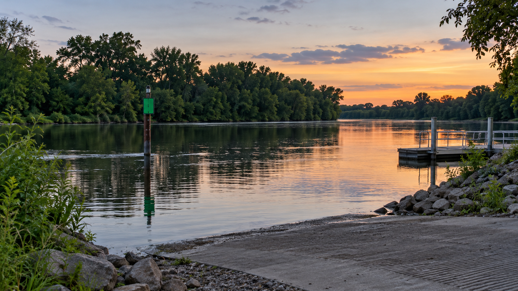 A quiet St. Joseph River access area in Elkhart County, providing context for boating visibility and navigation near dusk.
