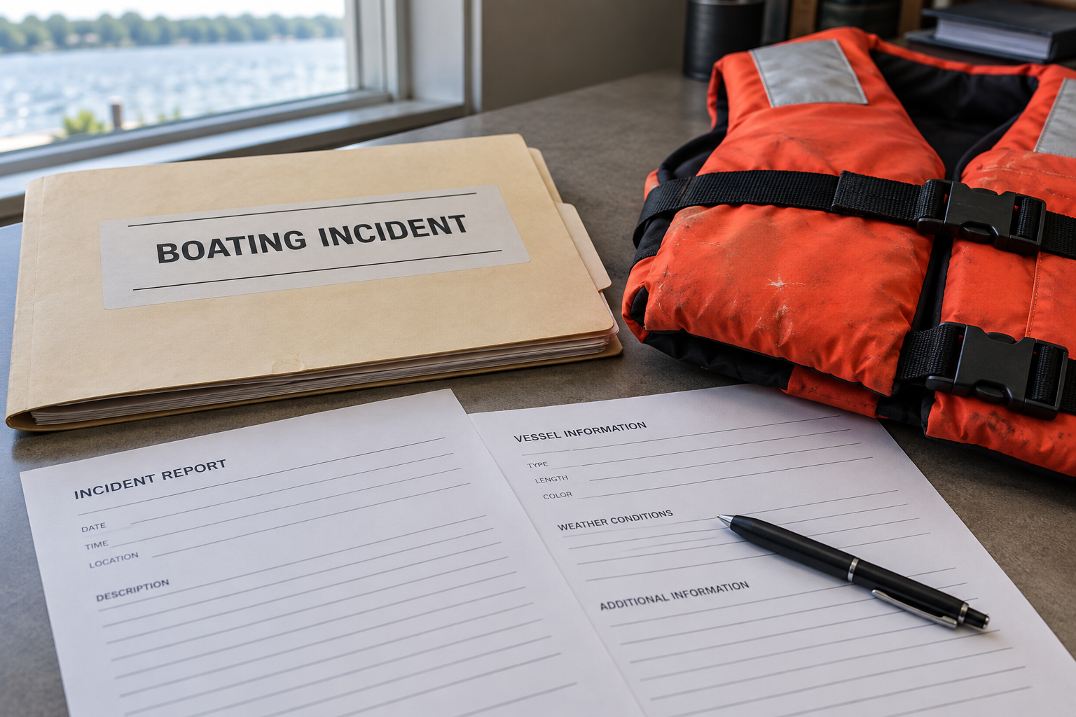 Generic boating incident records and a life jacket representing evidence preservation after an Elkhart County boat collision.