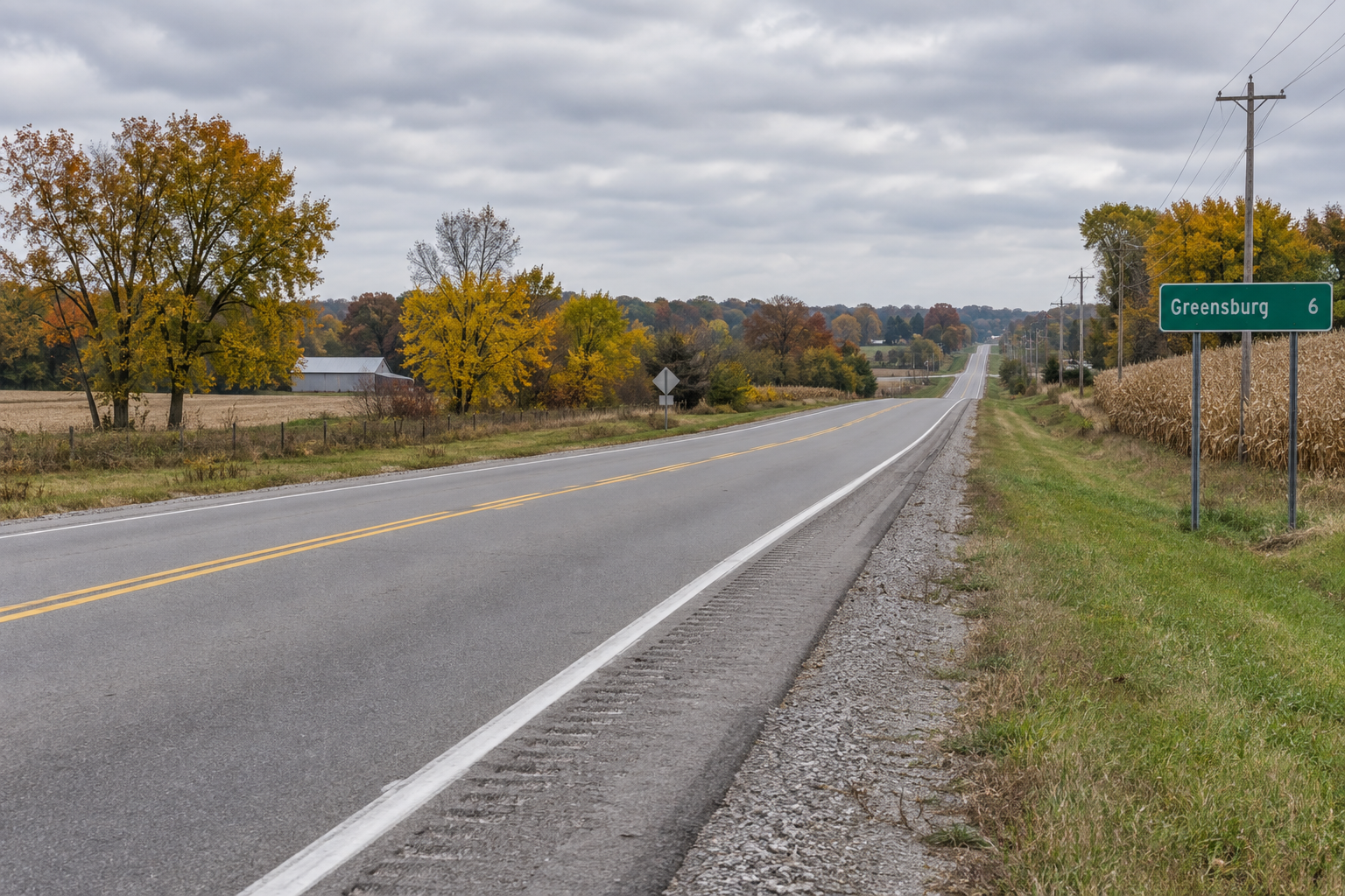 A rural highway shoulder near Greensburg, providing context for the State Road 46 pedestrian hit-and-run investigation.