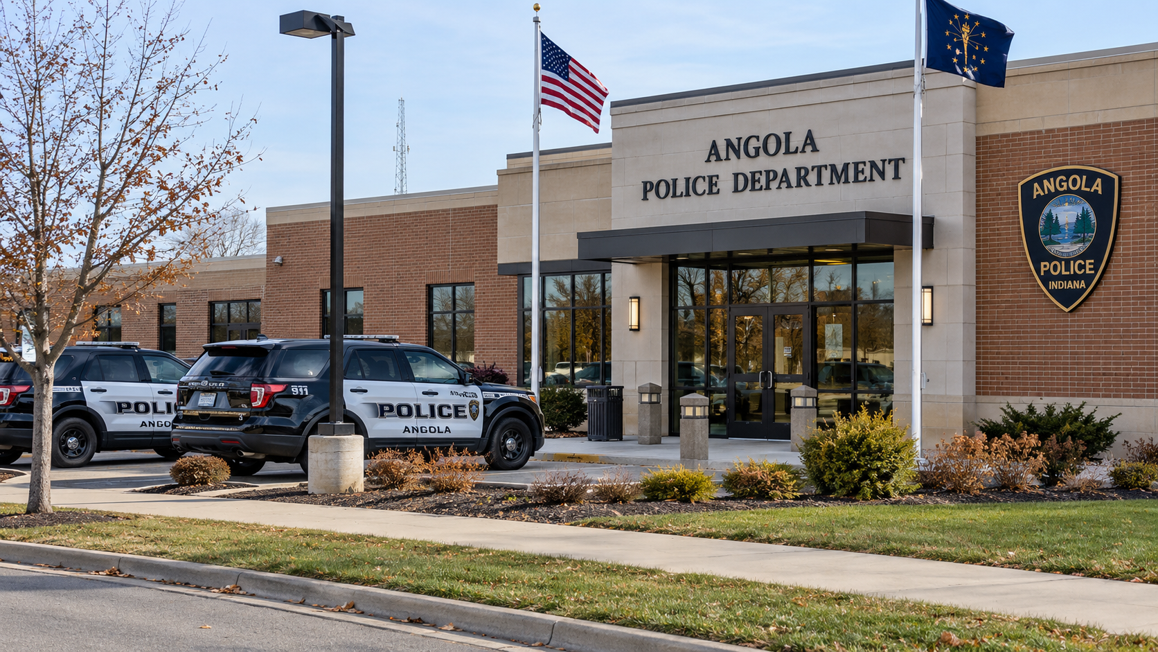 Police facility exterior in Angola, Indiana, representing the ongoing investigation into the Trine University food truck hit-and-run.