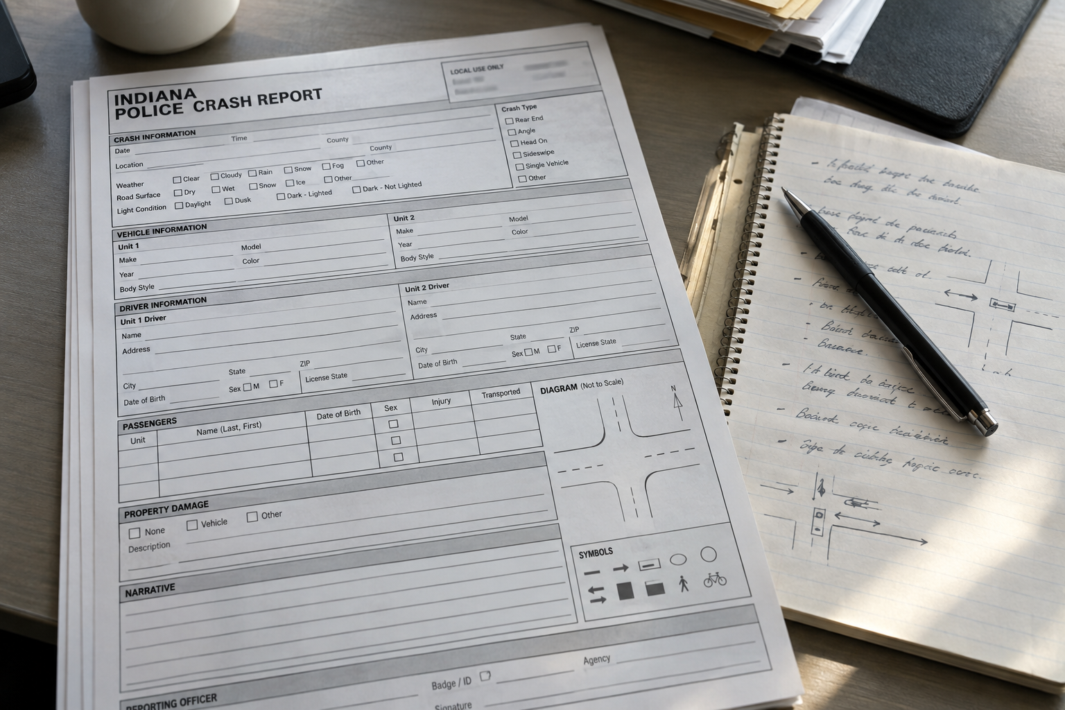 Crash-report paperwork and witness notes illustrating evidence preservation after an Angola hit-and-run.