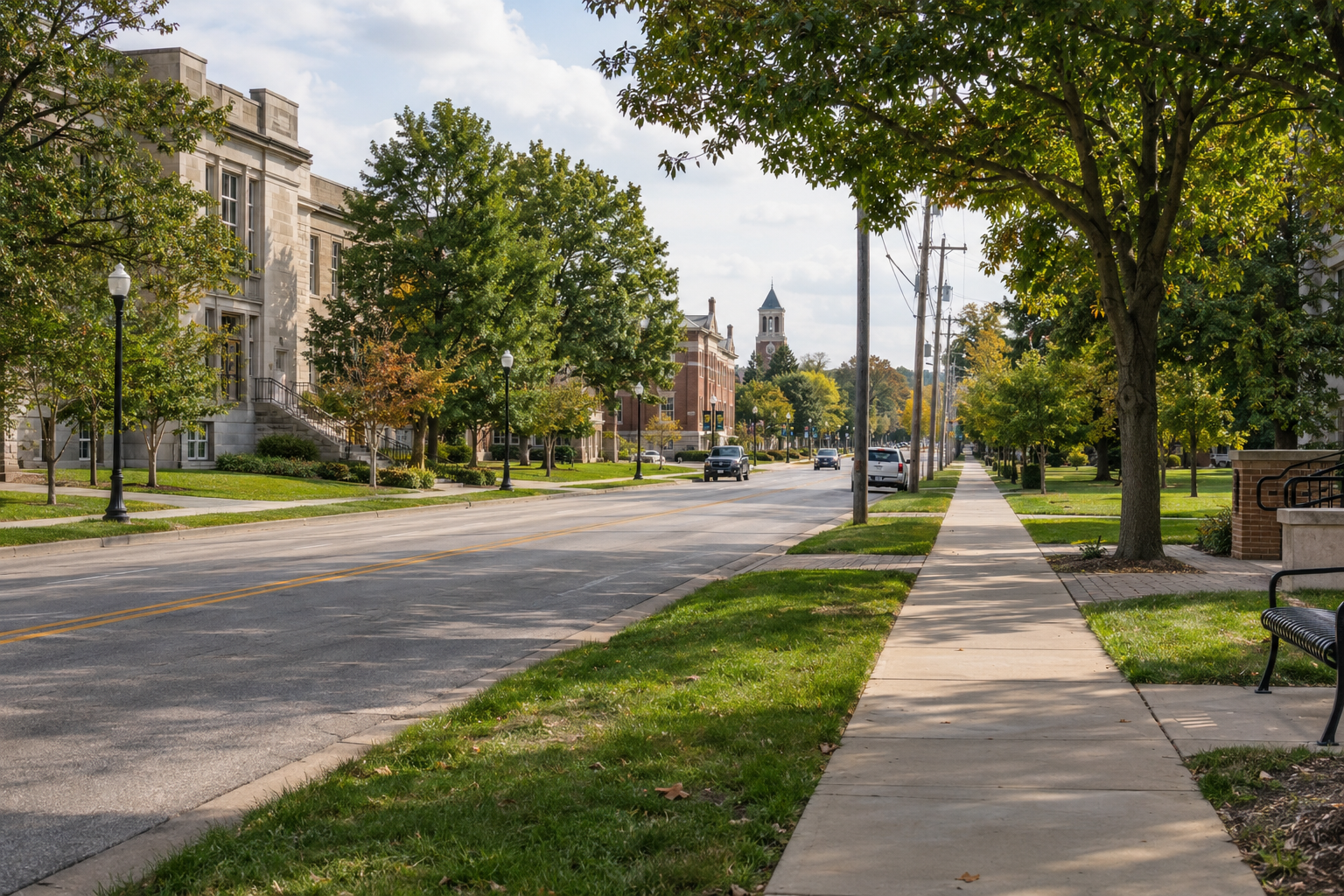 University-area roadway in Angola, Steuben County, providing location context for the reported food truck collision near Trine University.