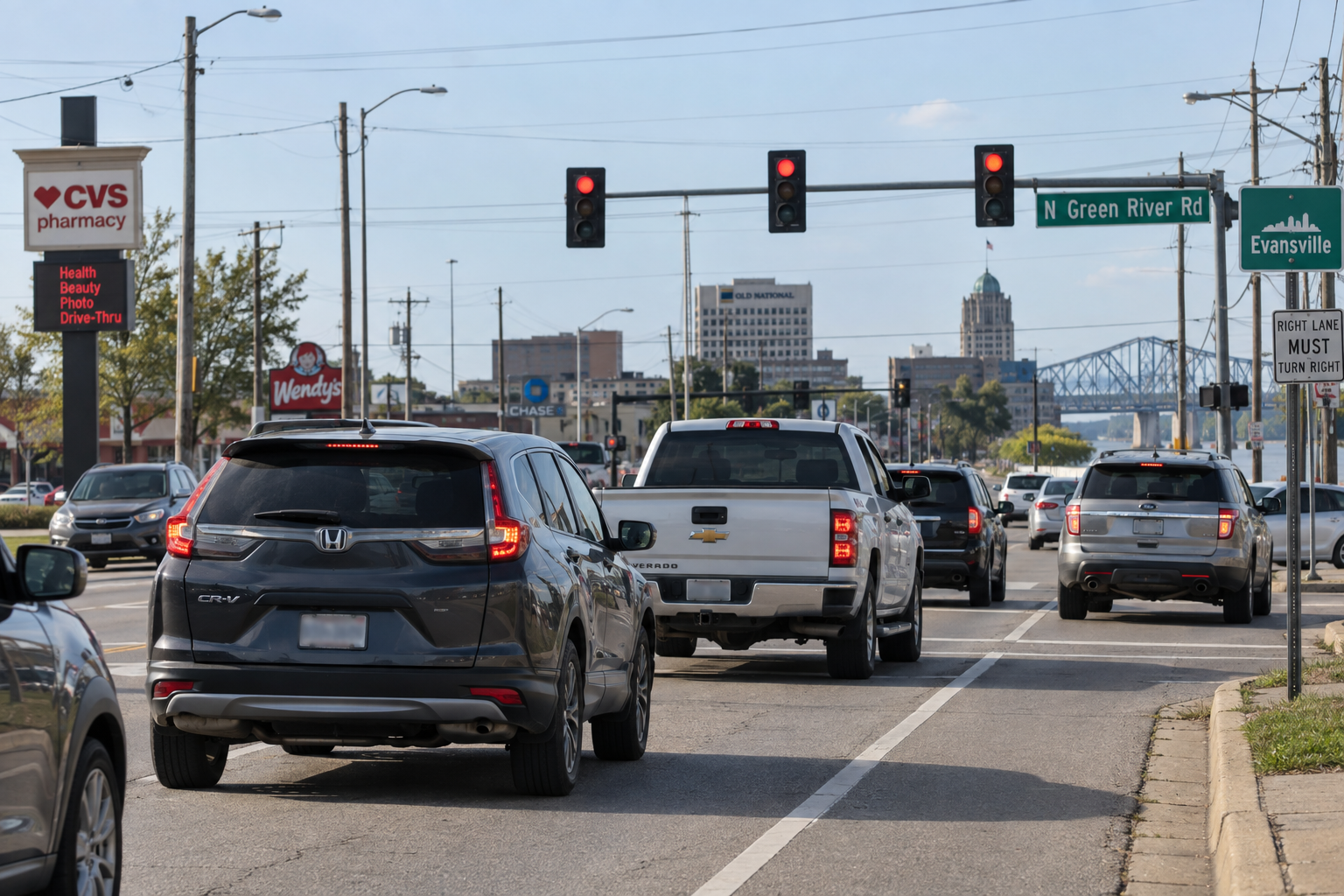 A signalized Evansville intersection representing the stopped traffic involved in the US-41 and Covert Avenue crash.