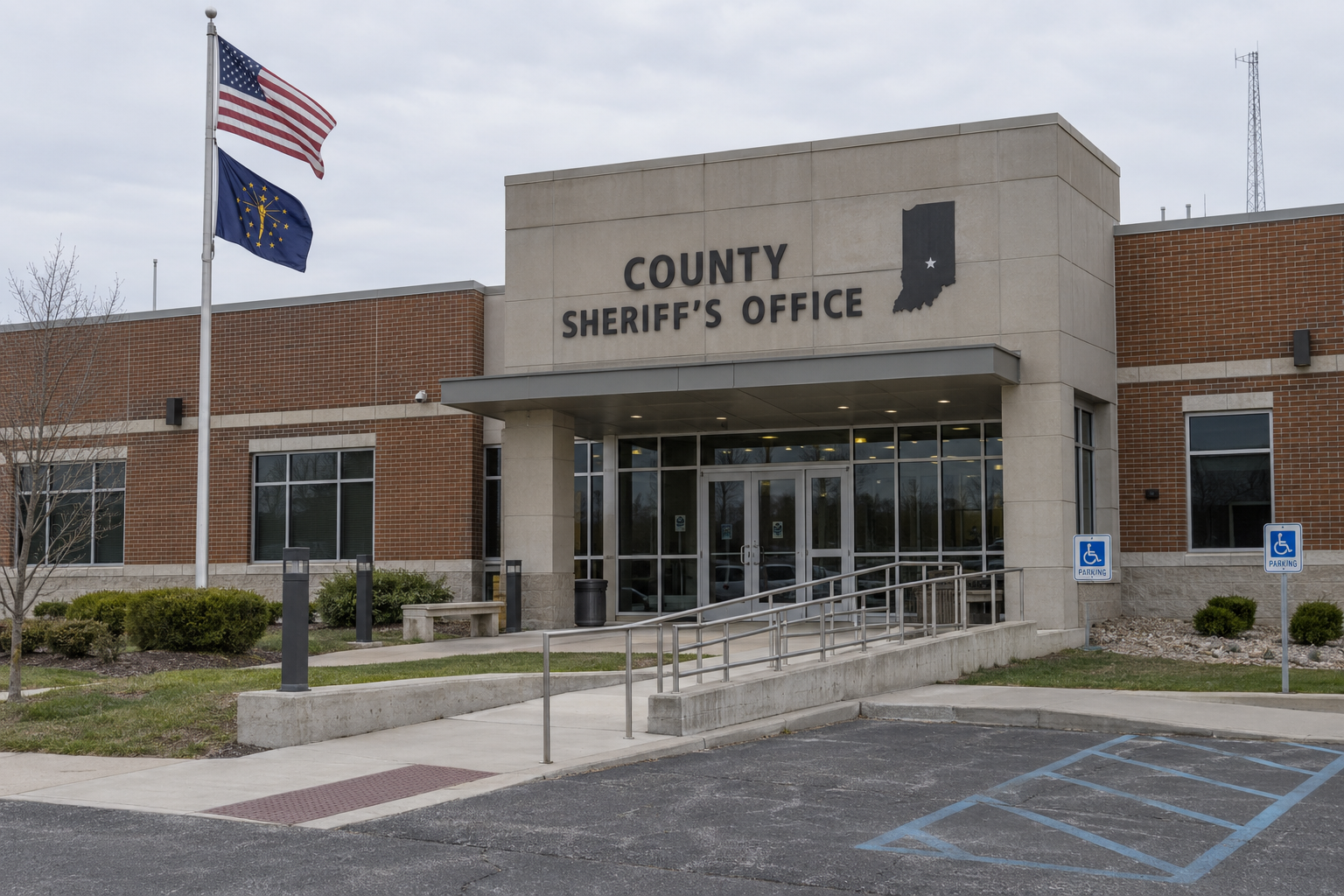A county sheriff's office exterior representing the agency records involved in the Vanderburgh County pursuit investigation.