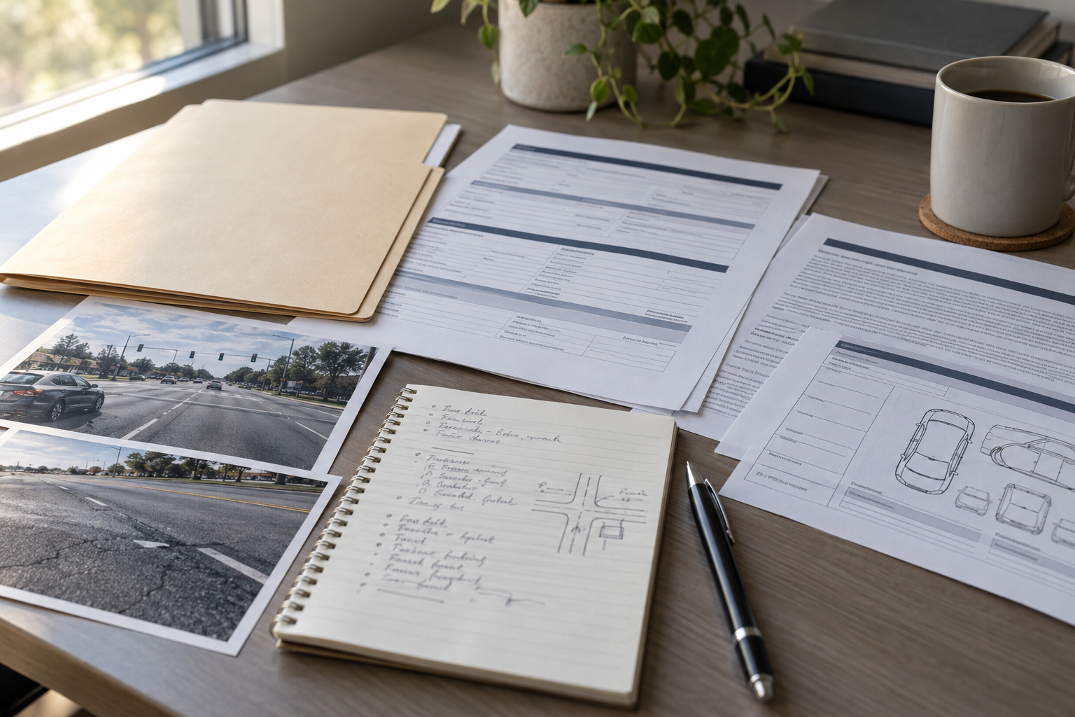 Organized crash-report and insurance documents illustrating evidence and coverage issues after an Evansville multi-vehicle crash.