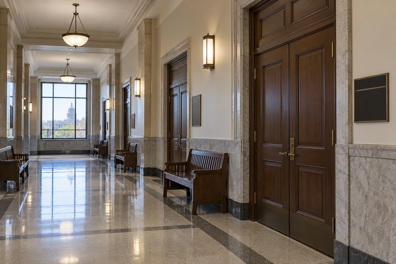 Courthouse corridor representing the Knox Superior Court sentencing process in the Vincennes-area shooting case.