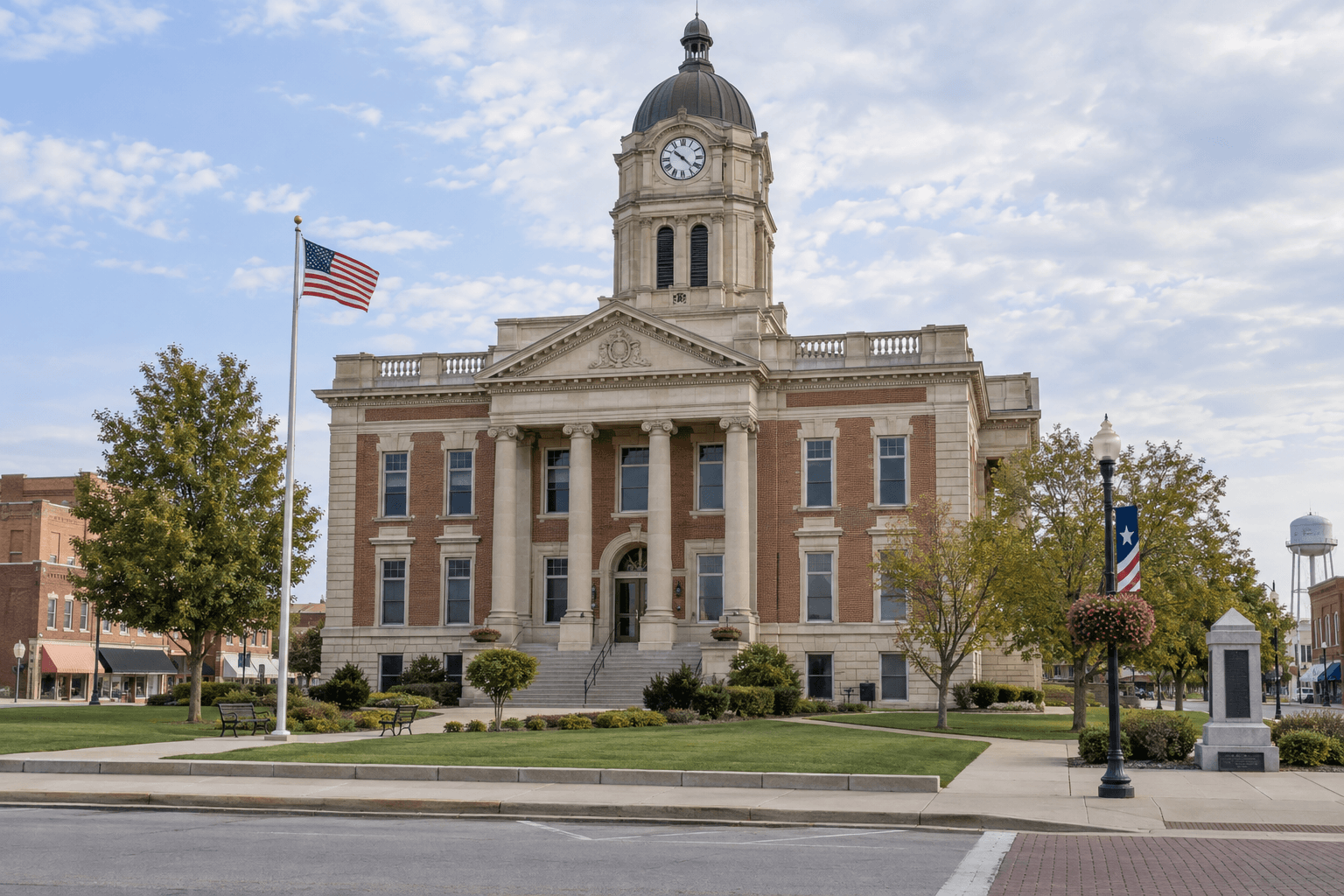A generic Indiana county courthouse representing where civil injury claims and filing deadlines may be addressed.
