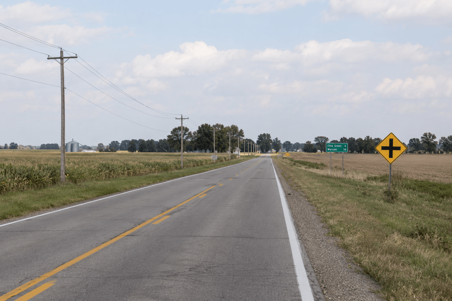 A two-lane county road near Etna Green, where sight lines and road layout may matter in a multi-vehicle crash investigation.