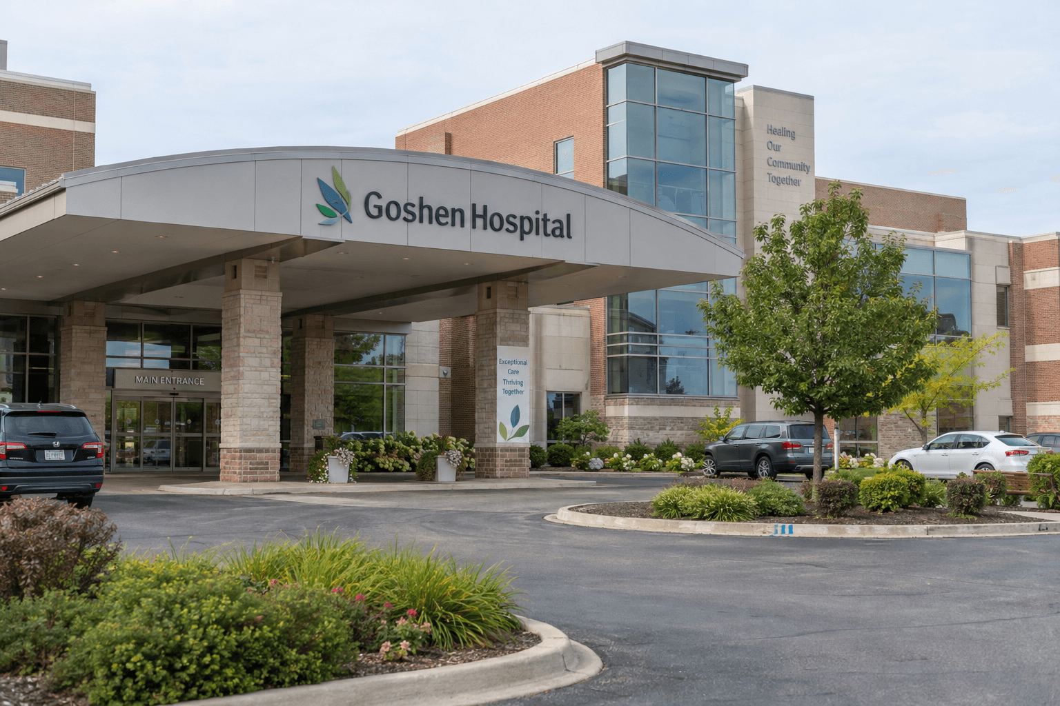 Hospital exterior in Goshen, reflecting the reported transport of two people after the Elkhart County intersection crash.