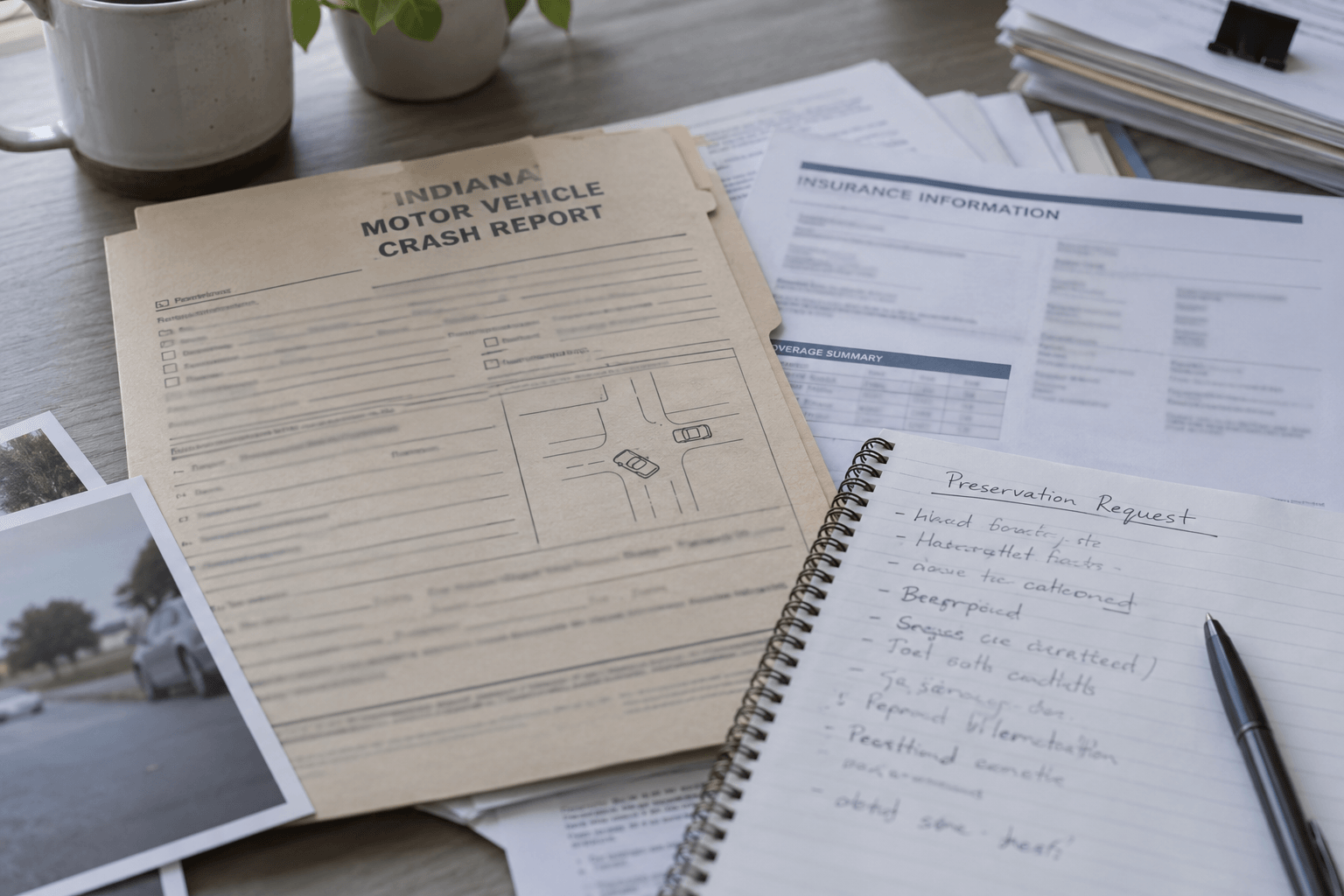 Crash-report and insurance documents representing evidence preservation after a fatal LaPorte County collision.