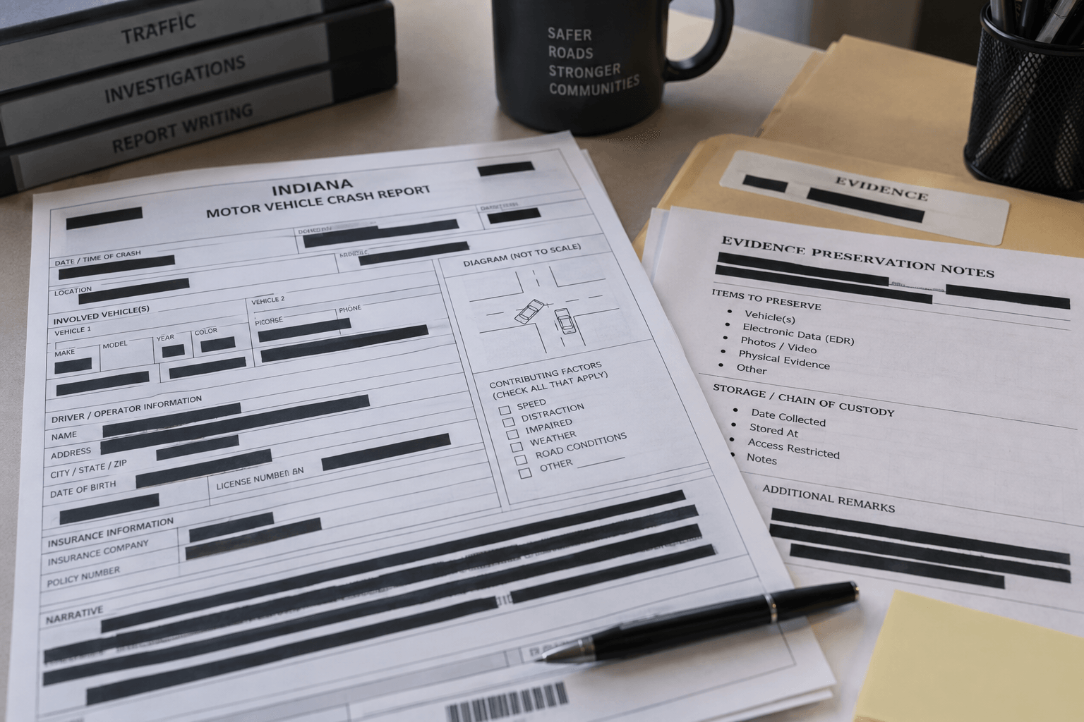 Generic crash-report and evidence-preservation documents illustrating the records that may matter after an Indiana interstate collision.