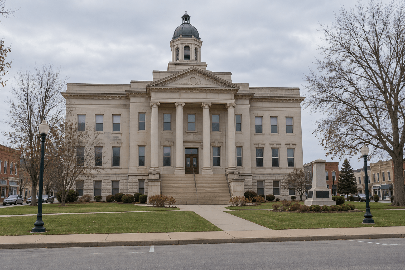 A county courthouse exterior representing prosecutor review and potential civil proceedings after the Gibson County I-64 crash.